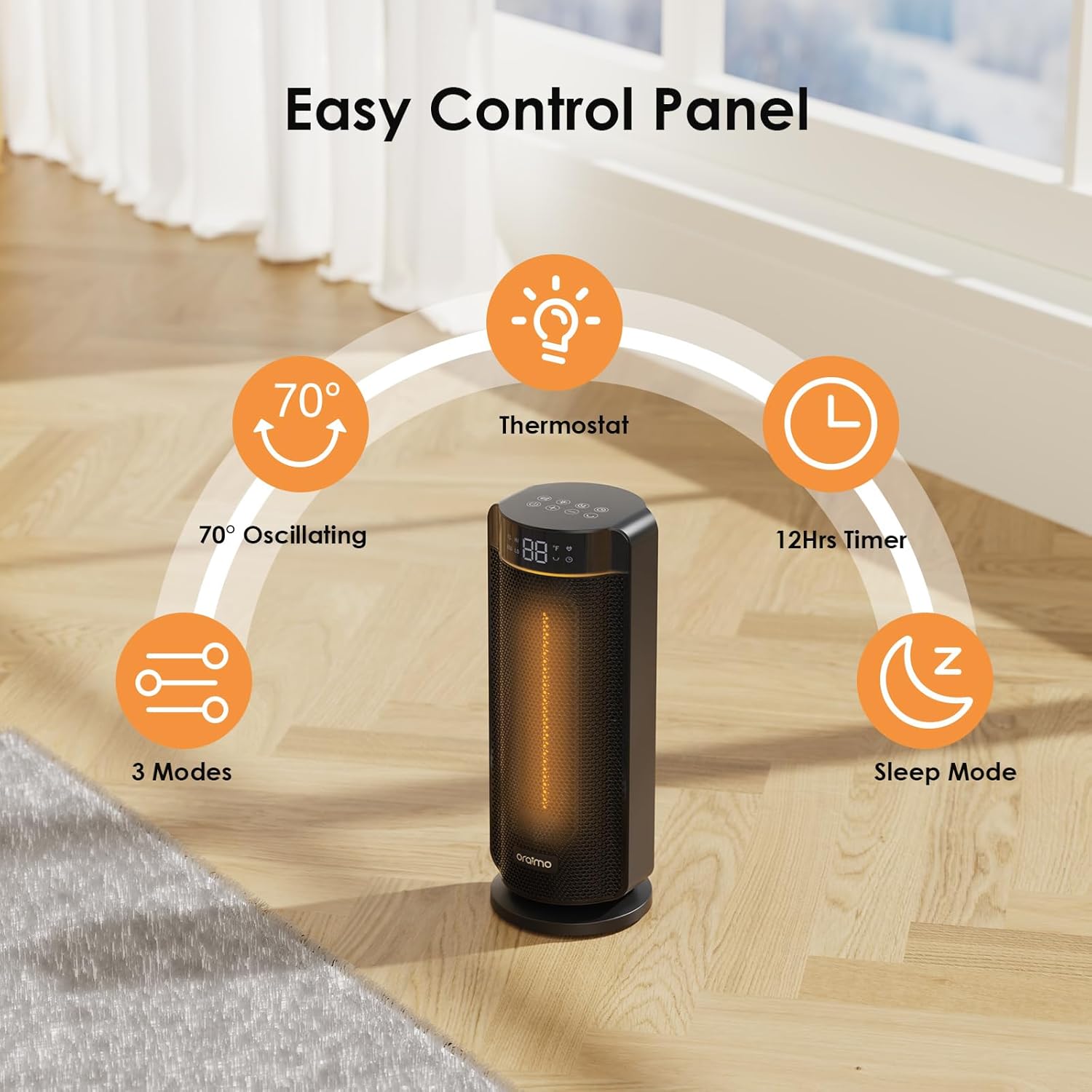 Oraimo Space Heater OSH-511A control panel with icons for modes, thermostat, timer, sleep mode, and oscillation.