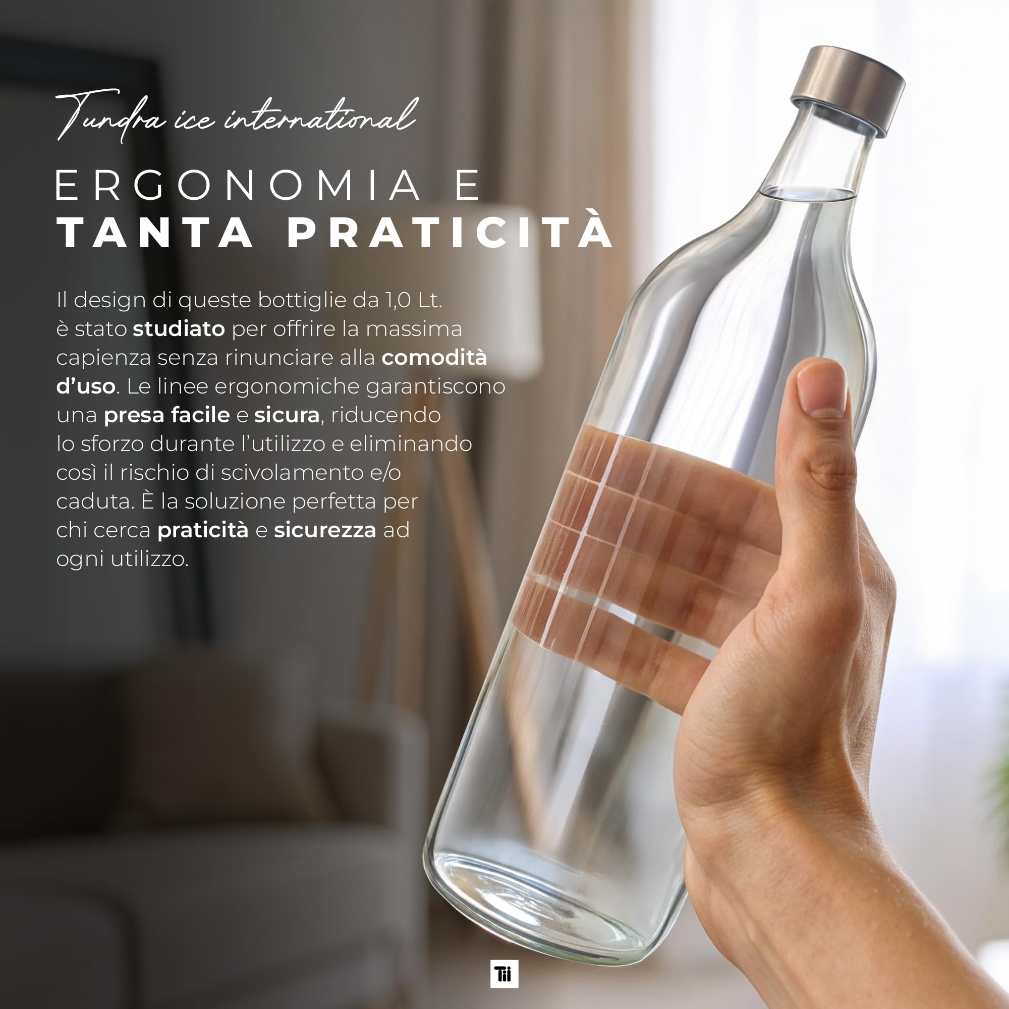 TUNDRA - Set 6 Bottiglie Vetro 1 litro - con 6 Tappi a Vite e 1 Imbuto | Linea ELVIA | Bottiglie da Tavola in Vetro: Resistenti, Lavabili in Lavastoviglie e BPA-Free - Per Acqua, Succhi, Bevande