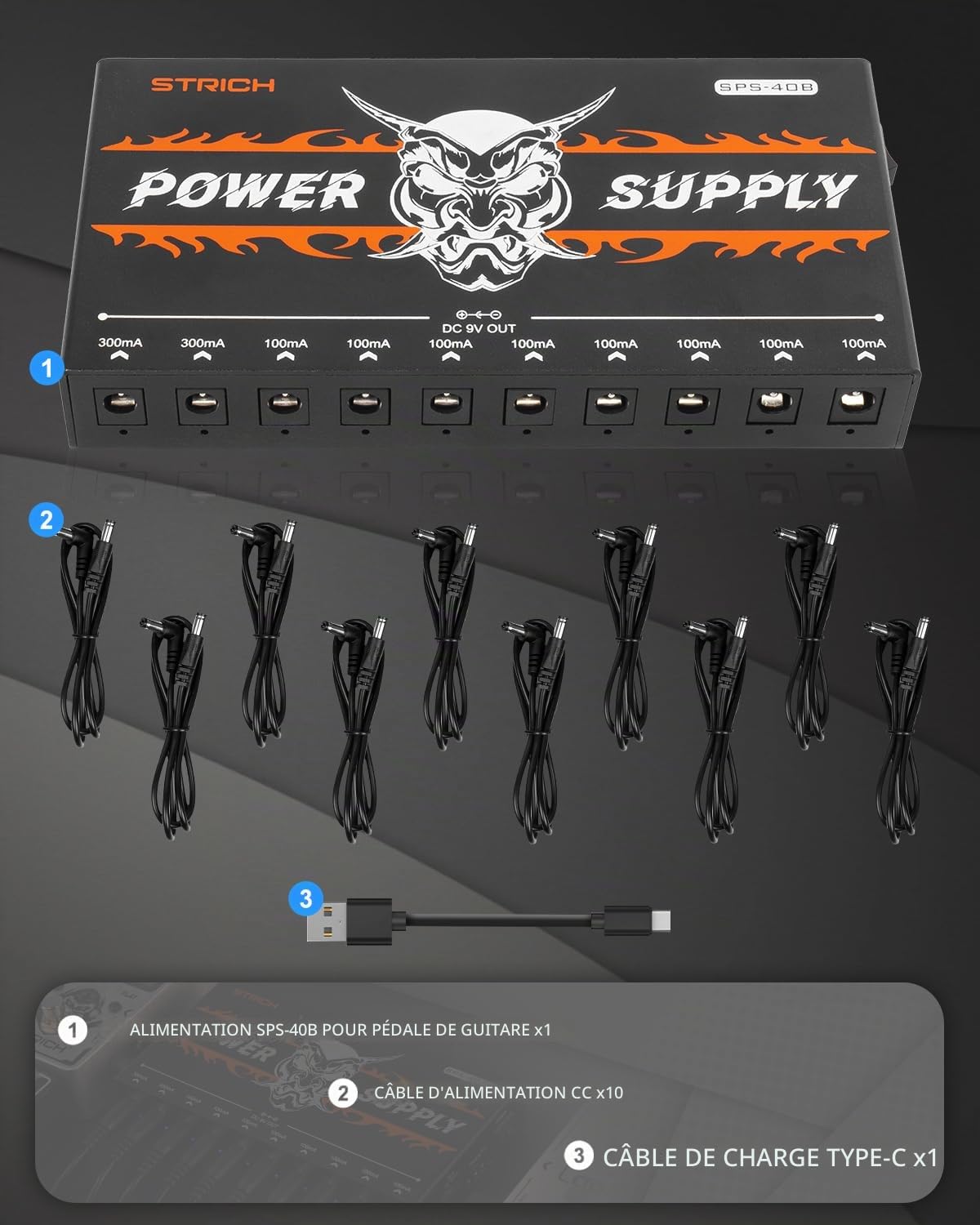 STRICH SPS-40B Bloc d'alimentation à pédale avec Prise intégrée 10 000 mAh 10 Sorties DC 9 V (2 x 300 mA, 8 x 100 mA) pour pédales de Guitare Basse, Batterie Rechargeable, Port USB 5 V/1 A
