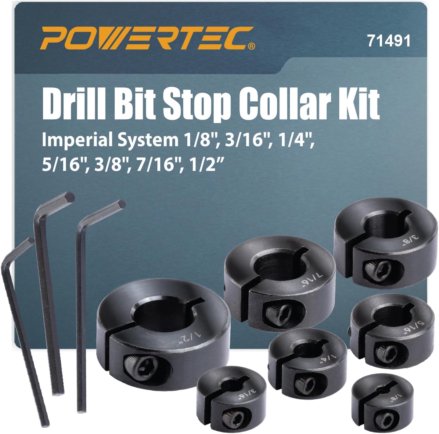 Drill Bit Stop Collar Set, 7 Piece Set Adjustable Drill Bit Depth Stopper with Allen Wrench, Bits Stop with Imperial System Size Markings - 1/8", 3/16", 1/4", 5/16", 3/8", 7/16", 1/2โ (71491)