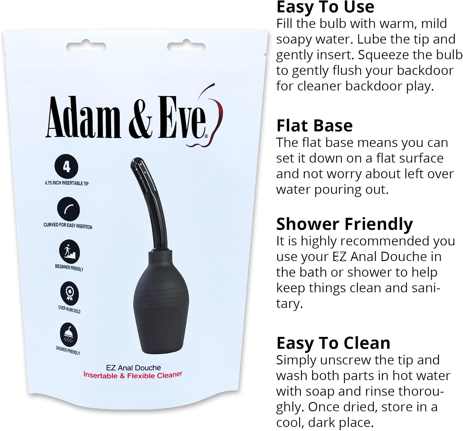 Adam & Eve EZ Anal Douche, Easy to Use Cleaning Bulb with Flexible Tip, Large Capacity for Deep Cleansing, Stable Flat Base, Body Safe and Reusable, Compatible with Water Based and Silicone Lubes