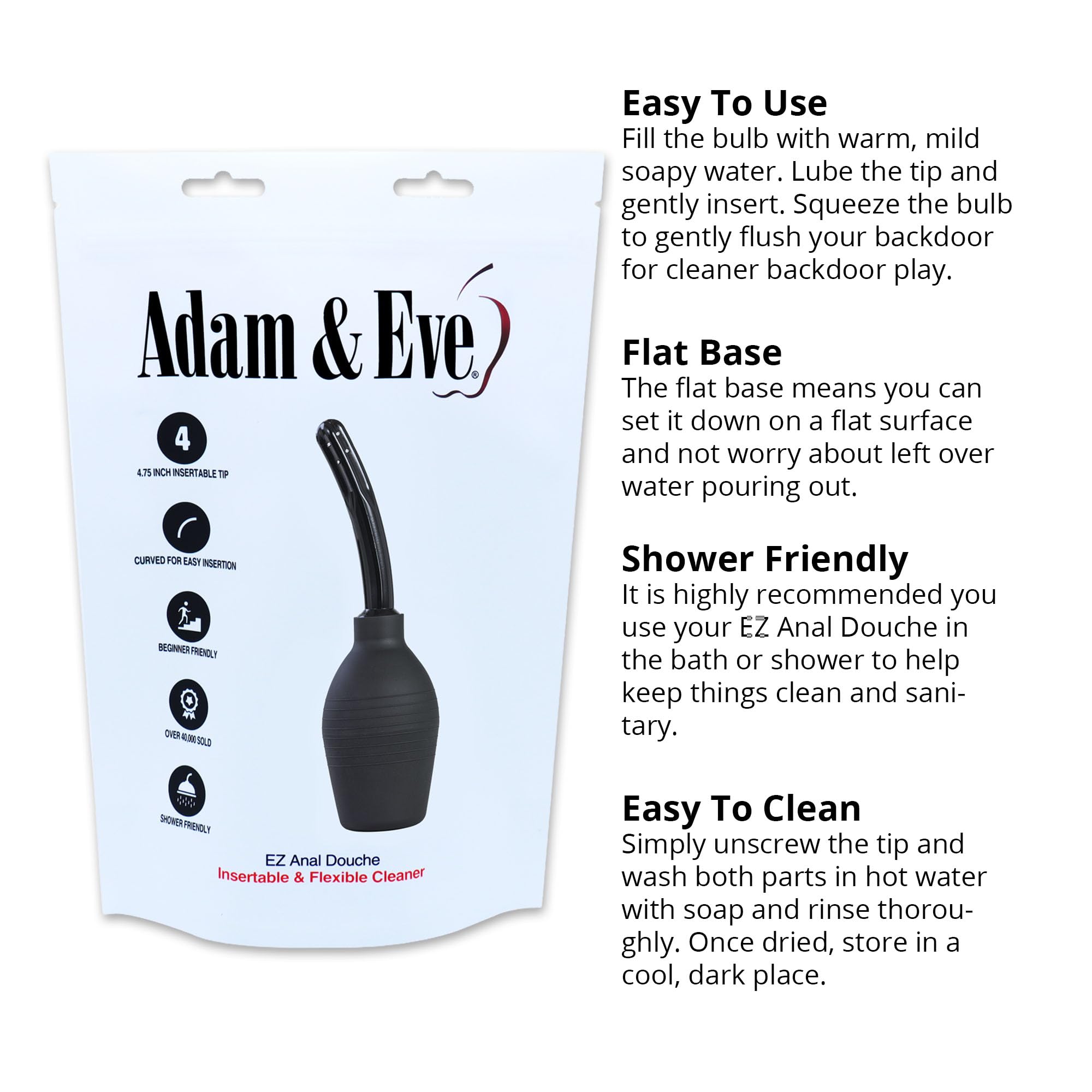 Adam & Eve EZ Anal Douche, Easy to Use Cleaning Bulb with Flexible Tip, Large Capacity for Deep Cleansing, Stable Flat Base, Body Safe and Reusable, Compatible with Water Based and Silicone Lubes