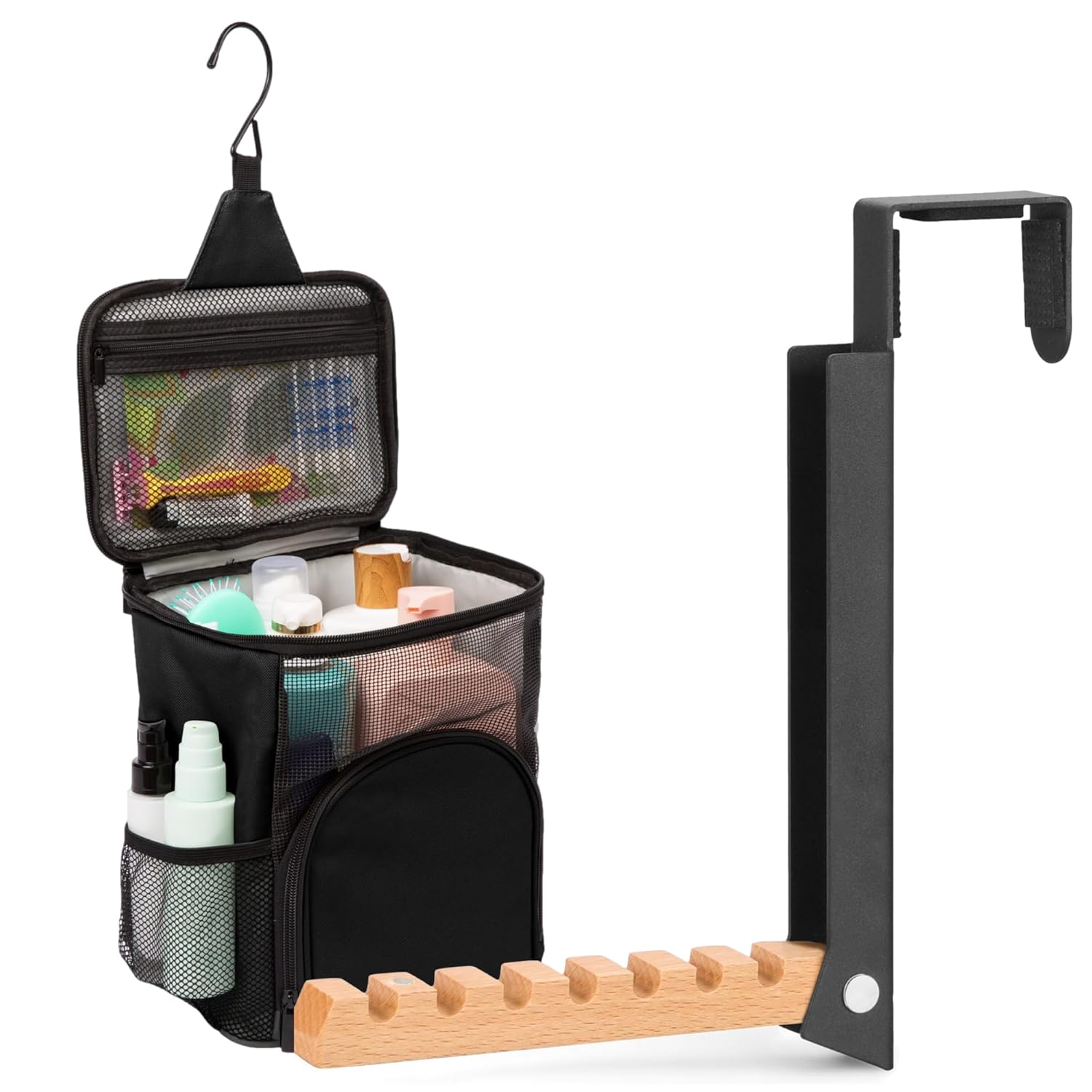 TERRA HOME Portable Shower Caddy Over-The-Door Laundry Hanger - Dorm Room Essentials Combo - Foldable Mesh Tote Convenient