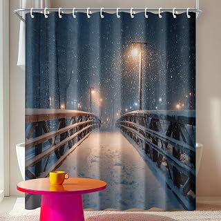 Snowy Bridge Shower Curtain 72x72 Inch with Hooks Winter Night Streetlight Scene Fabric Bathroom Decor with Wooden Walkway and Falling Snow for Cozy Holiday Cabin Bathtub