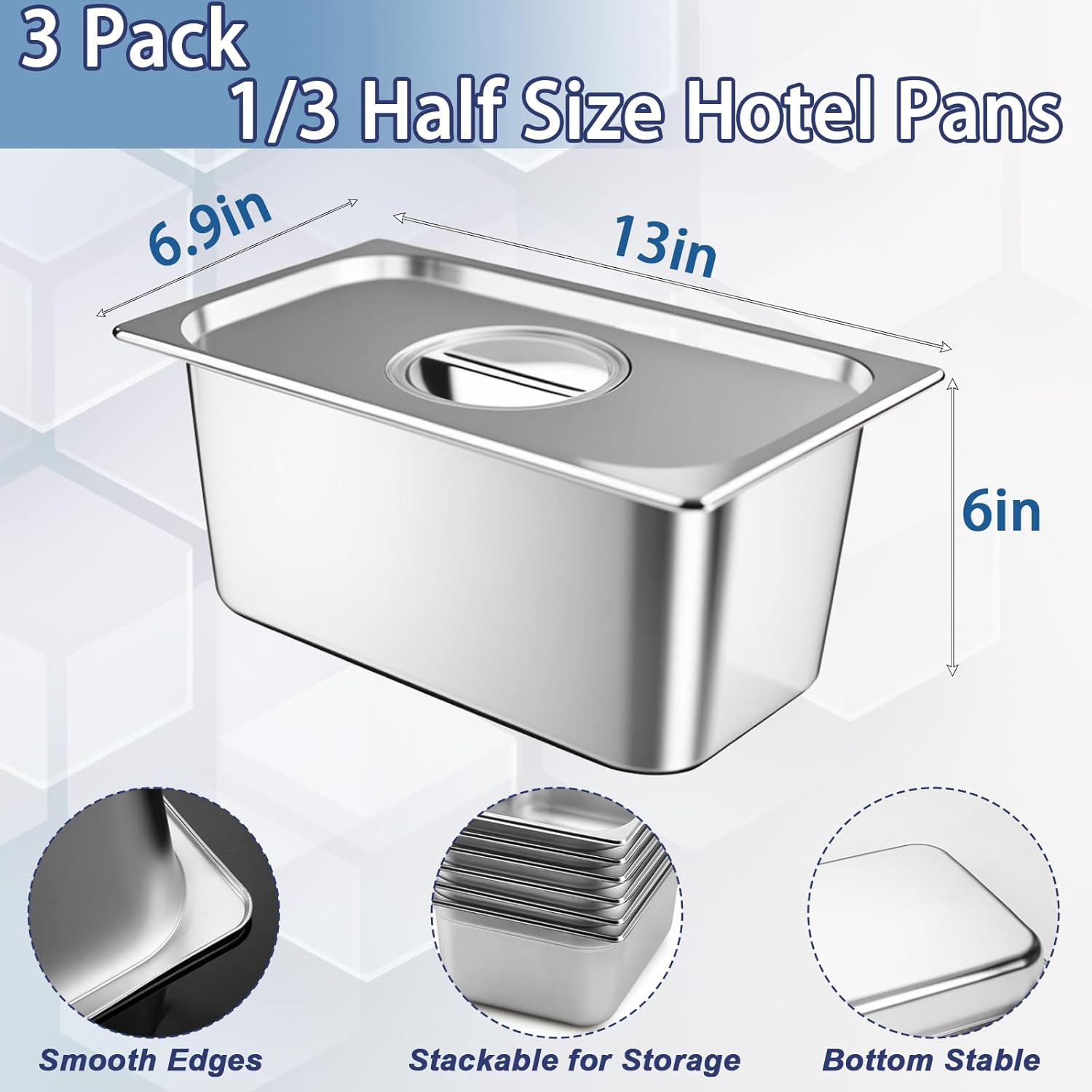 3 Pack Hotel Pans with Lids, 1/3 Size x 6 Inch Deep Steam Table Pan, Commercial Stainless Steel Hotel Pan Restaurant Supplies Tray Square Steam Table Half Pans for Chafing Dishes, Buffet, Home, Party - Image 3
