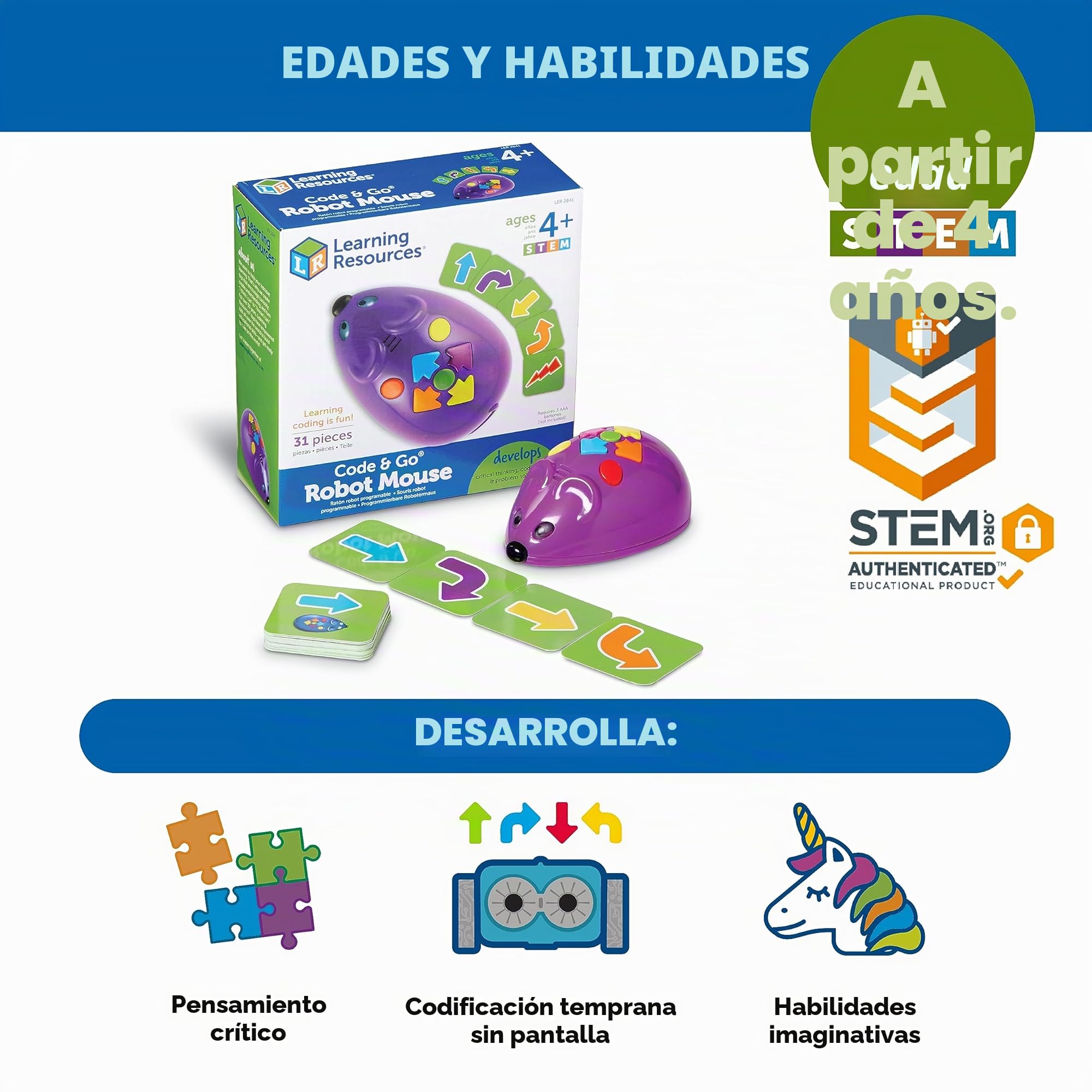 Learning Resources Code & Go Robot Mouse, Juguete Stem programable para niños 4-8 años, Incluye Tarjetas de codificación y Laberinto Educativo