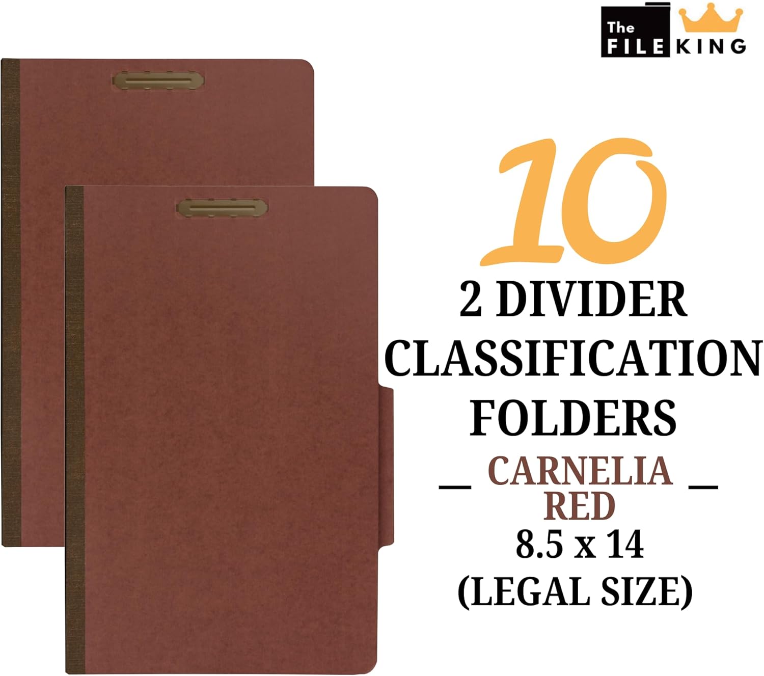 The File King Two Divider Legal Size Pressboard Classification File Folder - Brick Red | Made in America | Box of 10 | Top Tab | 2” Expansion | Durable 2-Inch Fastener Prongs
