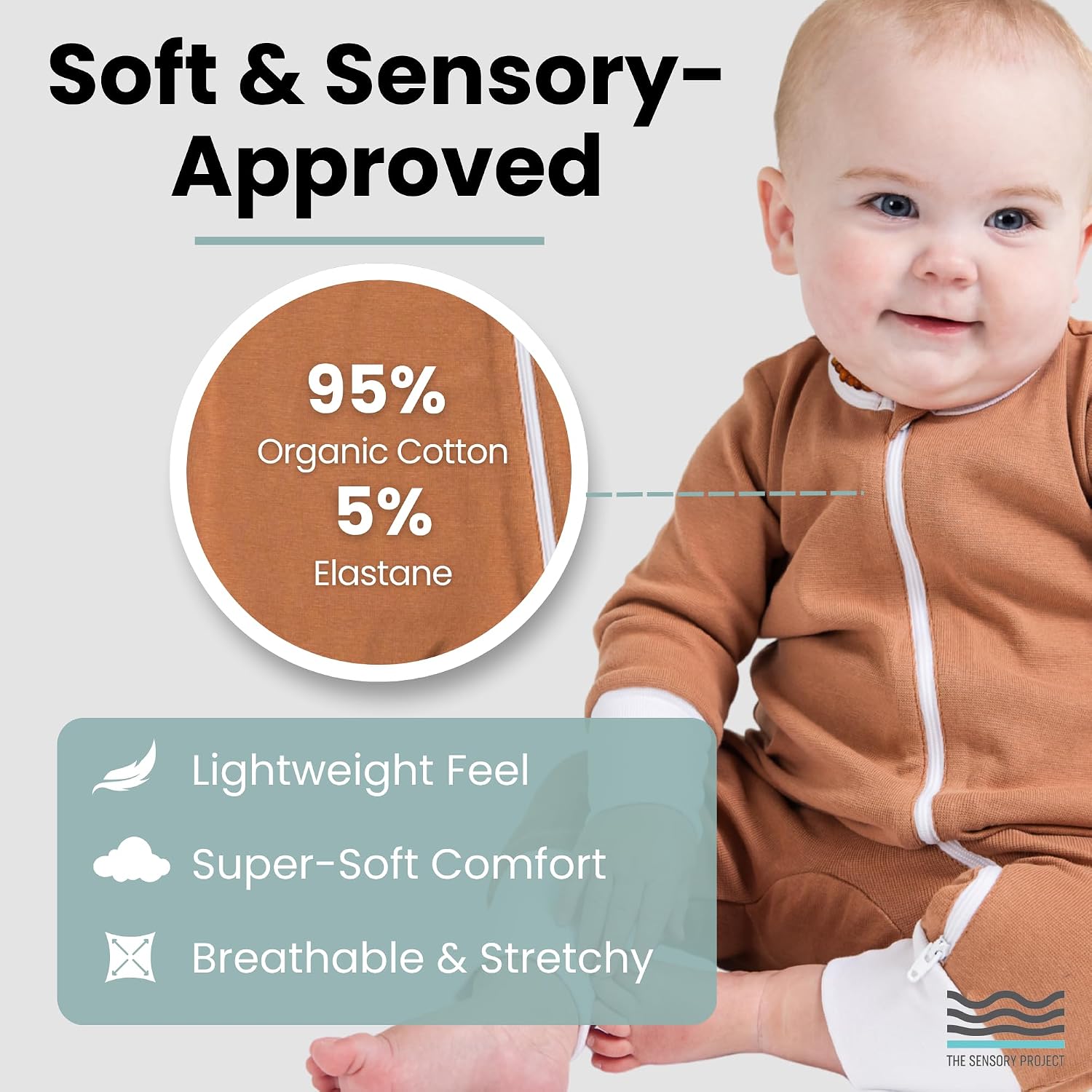 THE SENSORY PROJECT FlexiZip Sensory Romper – Ultra-Soft Organic Cotton Stretchy Zipper Romper for Babies & Toddlers