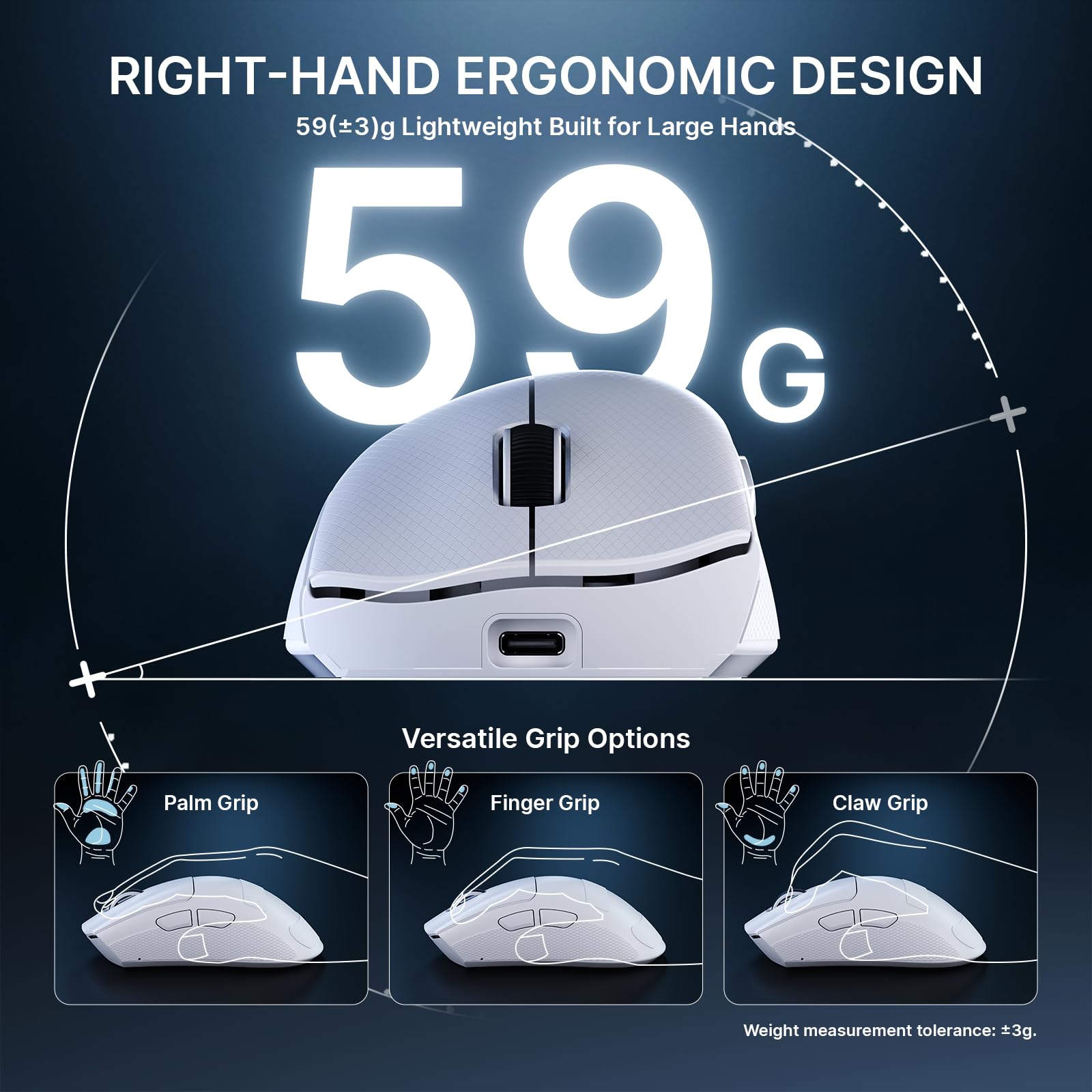 ATTACK SHARK V8 Wireless Gaming Maus mit LED Spiralkabel, Nordic 54L15 Chip, PAW3950MAX, 42000DPI, Dual 8000Hz, 59g Ultraleicht, Hai-Flossen-Dongle Design, 2.4Ghz/BT/Kabel für PC, Weiß & Griffband
