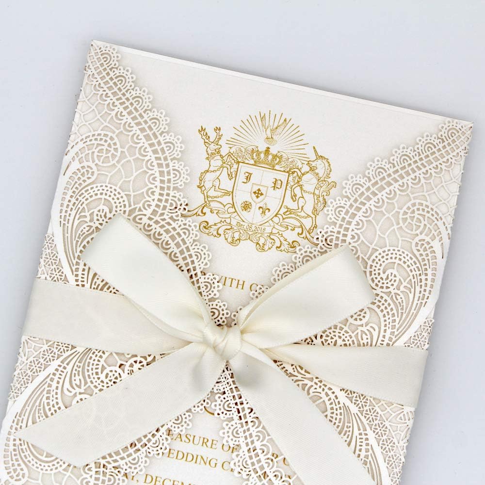 25-Pack Ivory Laser Cut Lace Wedding Invitations with RSVP Cards and Ribbon Bow, Elegant Invitation Set for Wedding/Bridal Shower/Birthday Party, 128 x 185mm (25 Invitations + 25 RSVP)