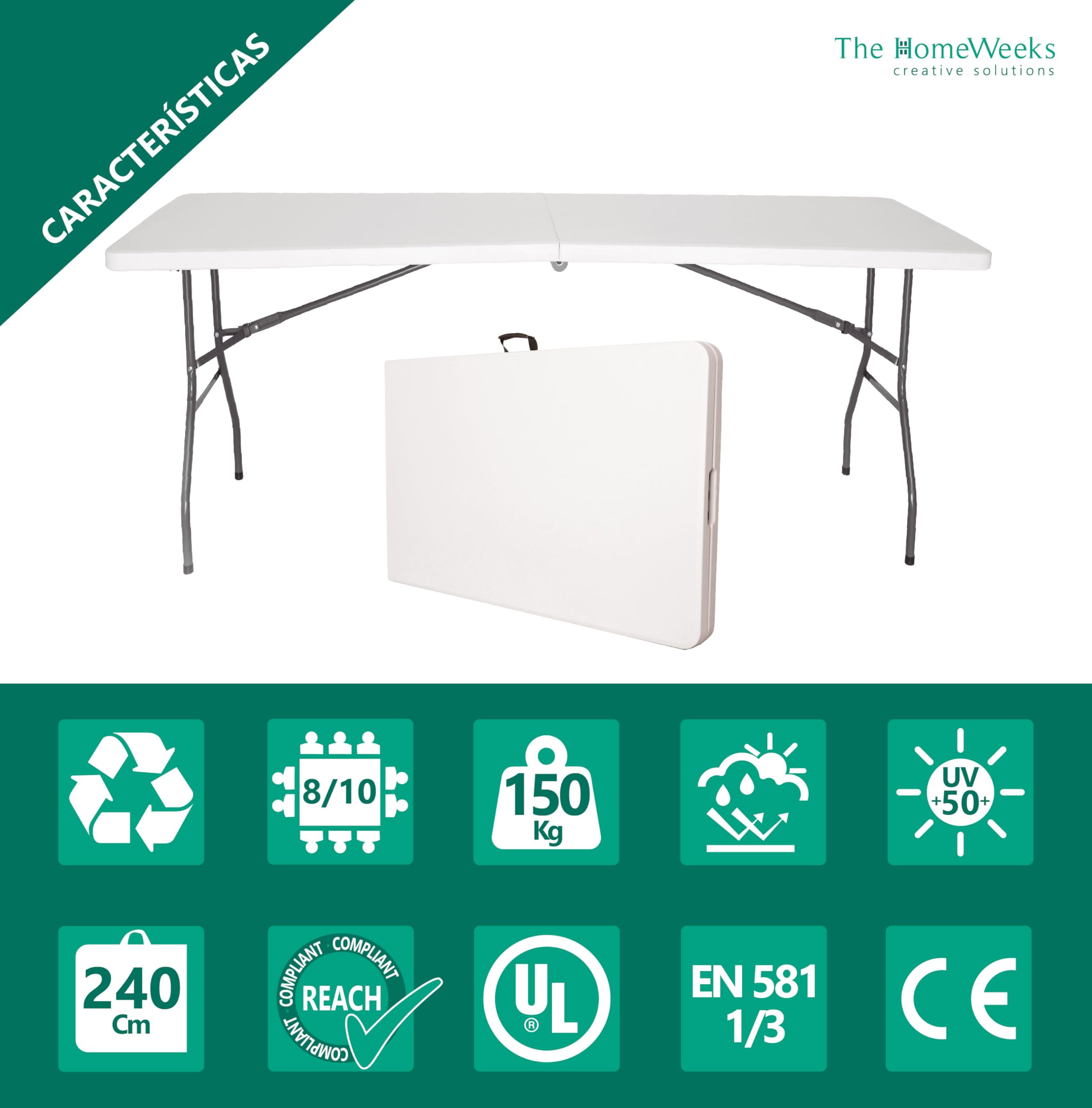 The Homeweeks Mesa Plegable Solid 240cm | portátil | normativa Uso público Interior/Exterior EN 581-1/3 | Tablero Resina HDPE 4cm | Capacidad 8/10 Personas | Carga 150 kg | Multiuso