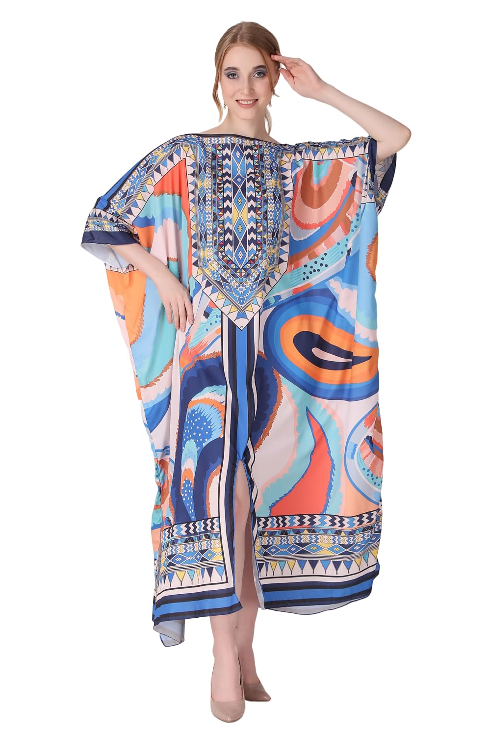 Abstract Intangible Printed Crepe Maxi Length Kaftan Dress for Women Multicolor Freesize-image-46