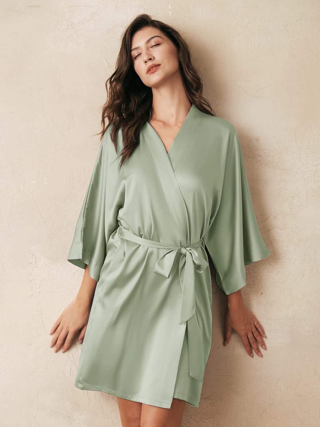 AW BRIDAL Silk Robes for Women, Short Bridesmaid Robes for Bridal Wedding Party, Bride Satin Bathrobe with Long Sleeve - Image 8