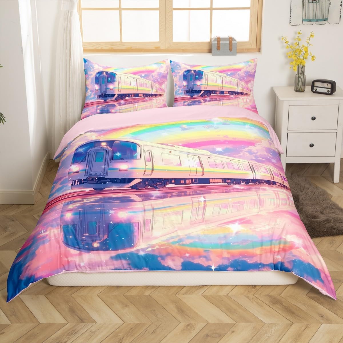 Pink Train Duvet Cover Set Toddler Size,Watercolor Cloud Sky Rainbow Bedding Set 2Pcs for Kids Girls Boys Teens Room Decor,Fantasy Train Comforter Cover Pink Blue Purple Quilt Cover,1 Pillowcase