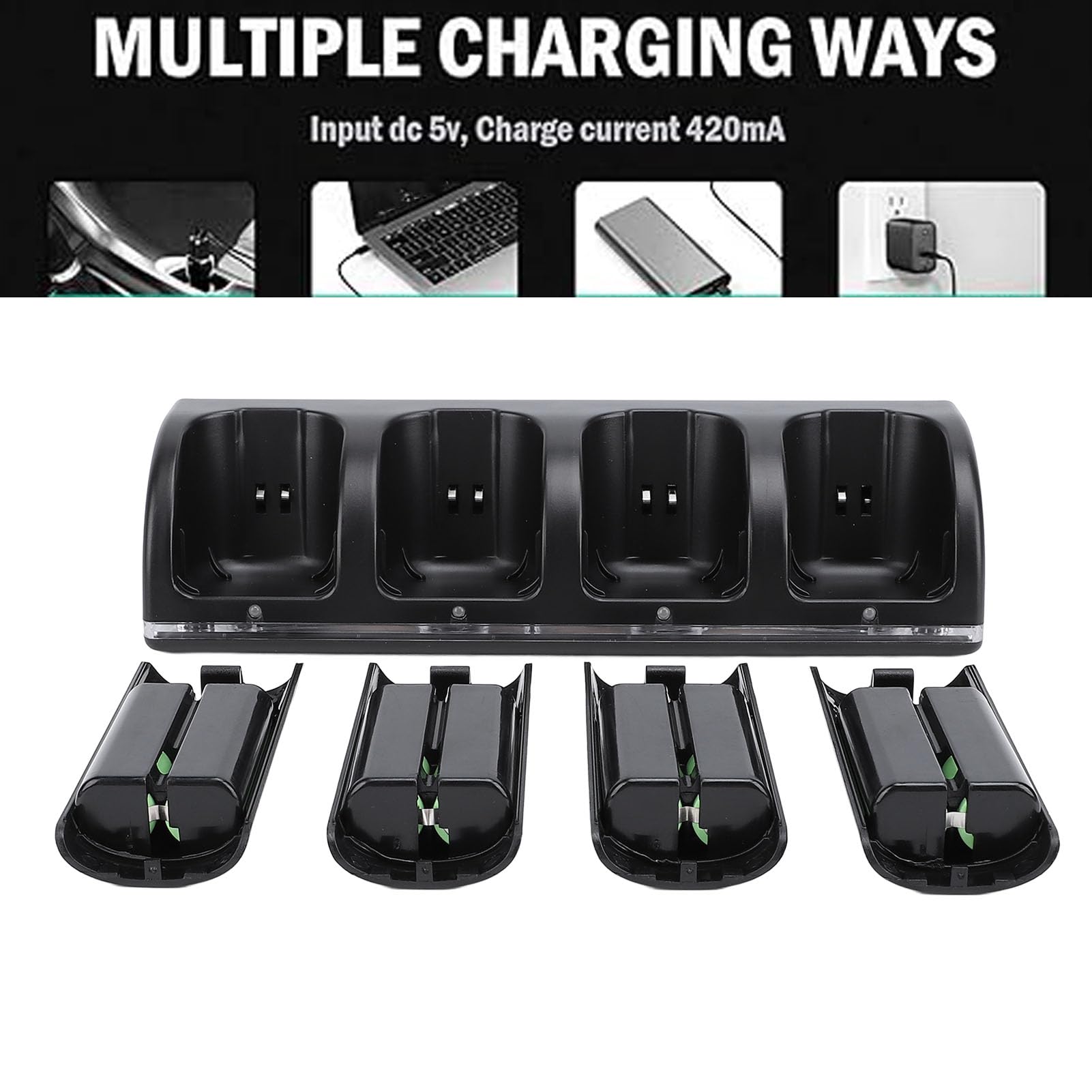 Remote Control Battery Charger Station with 4 Battery Packs for Wii Remotes, LED Light Display, USB Cable Included, Adpater for Wii Remote Controller (Black)