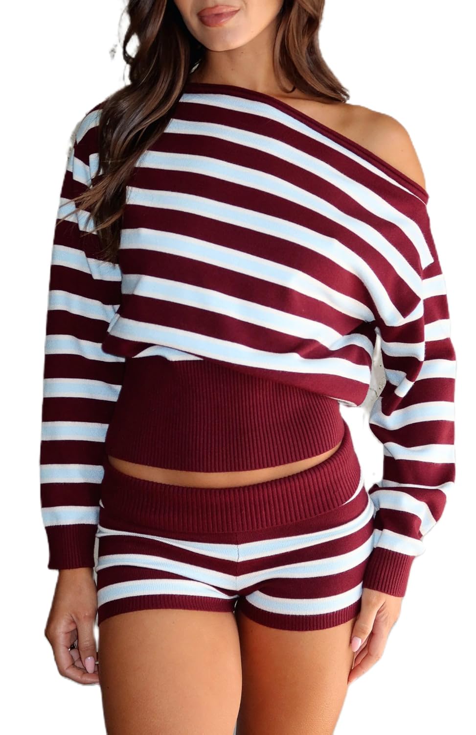 Women Off Shoulder Sweater Striped Long Sleeve Ribbed Knit Oversized Sweatshirt Fall Going Out Pullover Top