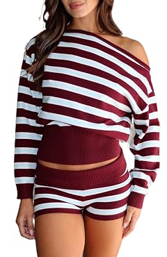 Women Off Shoulder Sweater Striped Long Sleeve Ribbed Knit Oversized Sweatshirt Fall Going Out Pullover Top