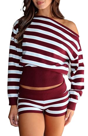 Women Off Shoulder Sweater Striped Long Sleeve Ribbed Knit Oversized Sweatshirt Fall Going Out Pullover Top