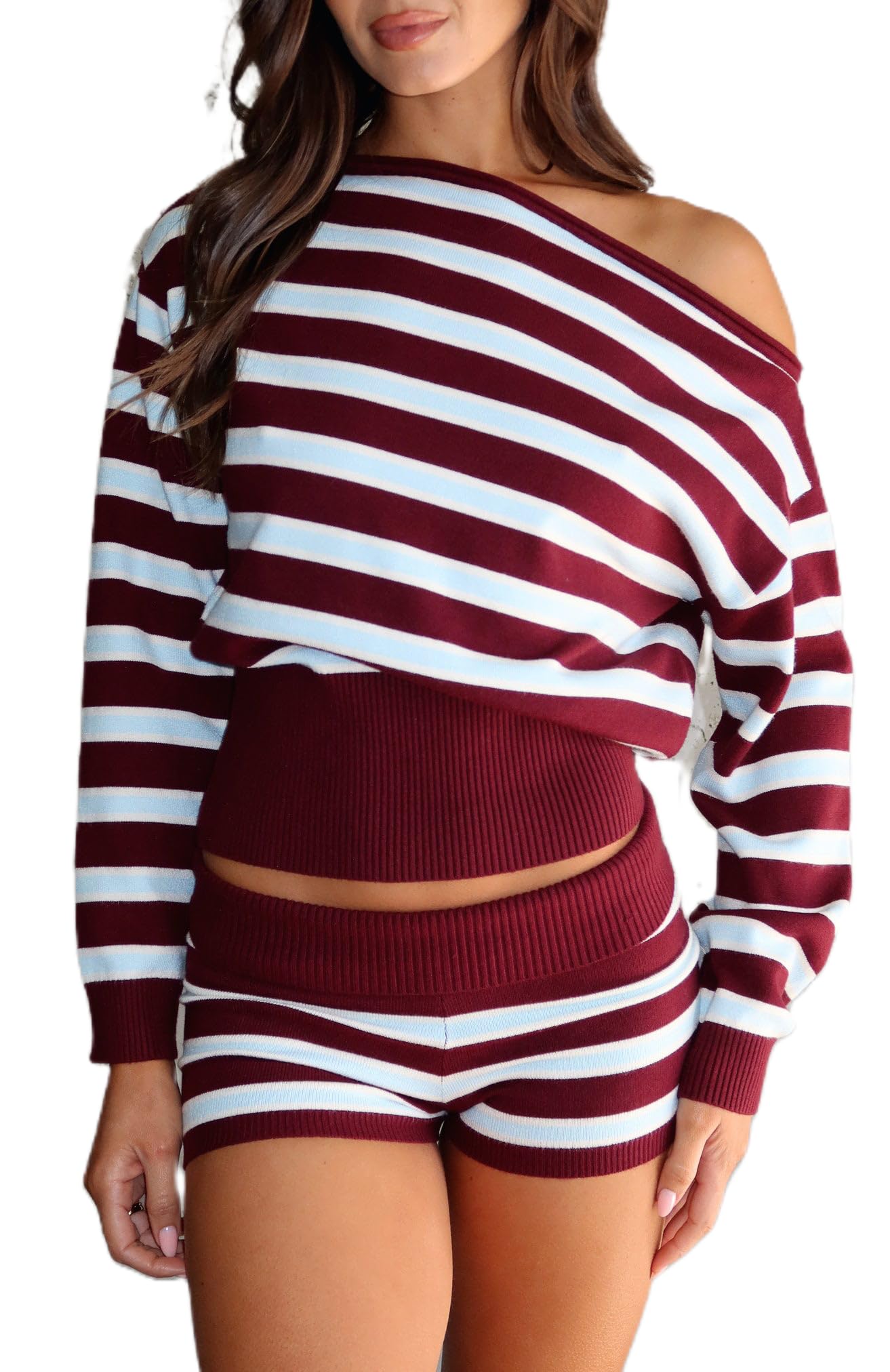 Women Off Shoulder Sweater Striped Long Sleeve Ribbed Knit Oversized Sweatshirt Fall Going Out Pullover Top