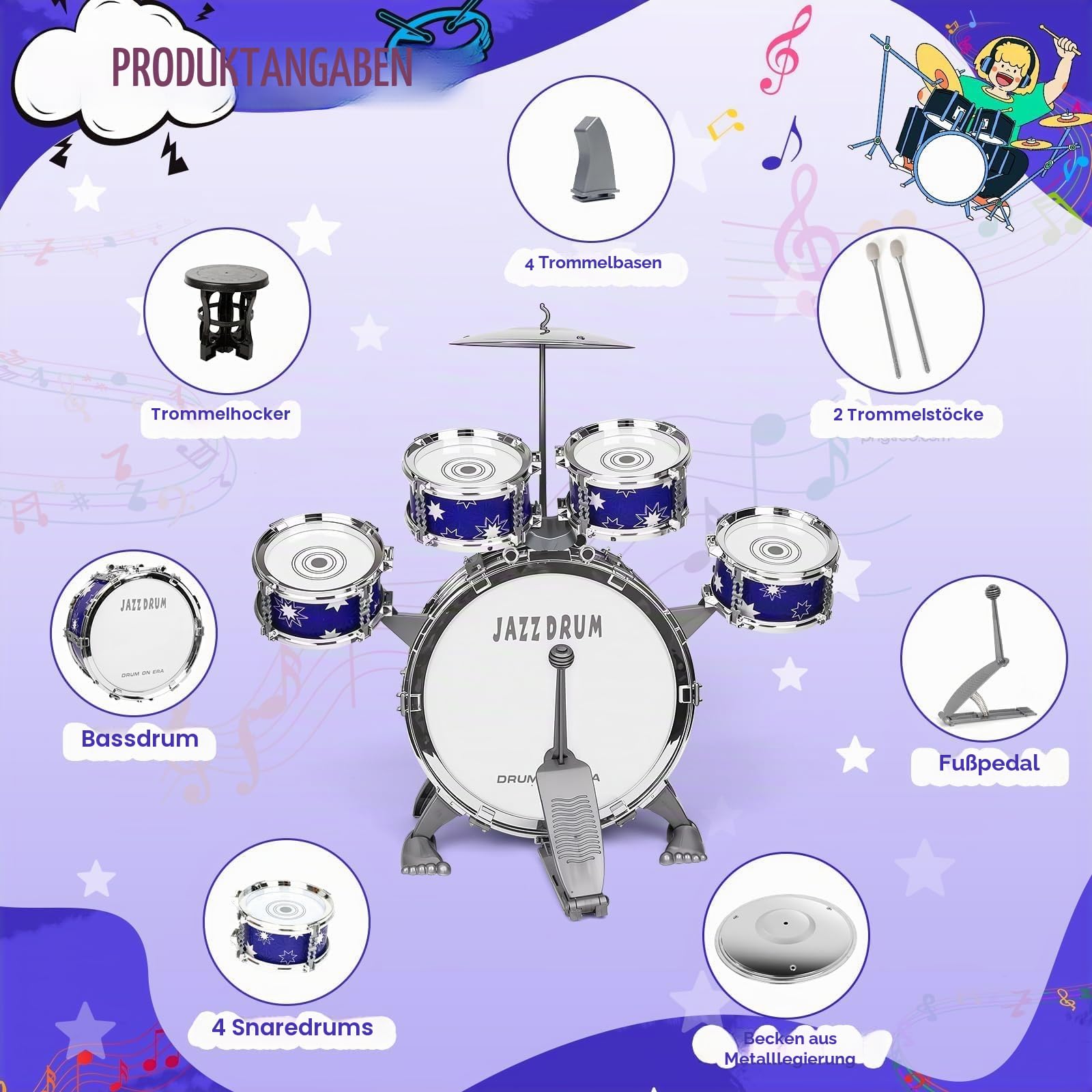 Upgrade Schlagzeug für Kinder 3-5 Kleinkind Spielzeug Alter 2-4 Jazz Drum Set mit Hocker Musikinstrument Spielzeug für 3 4 5 Jahre alte Mädchen Jungen Geschenke