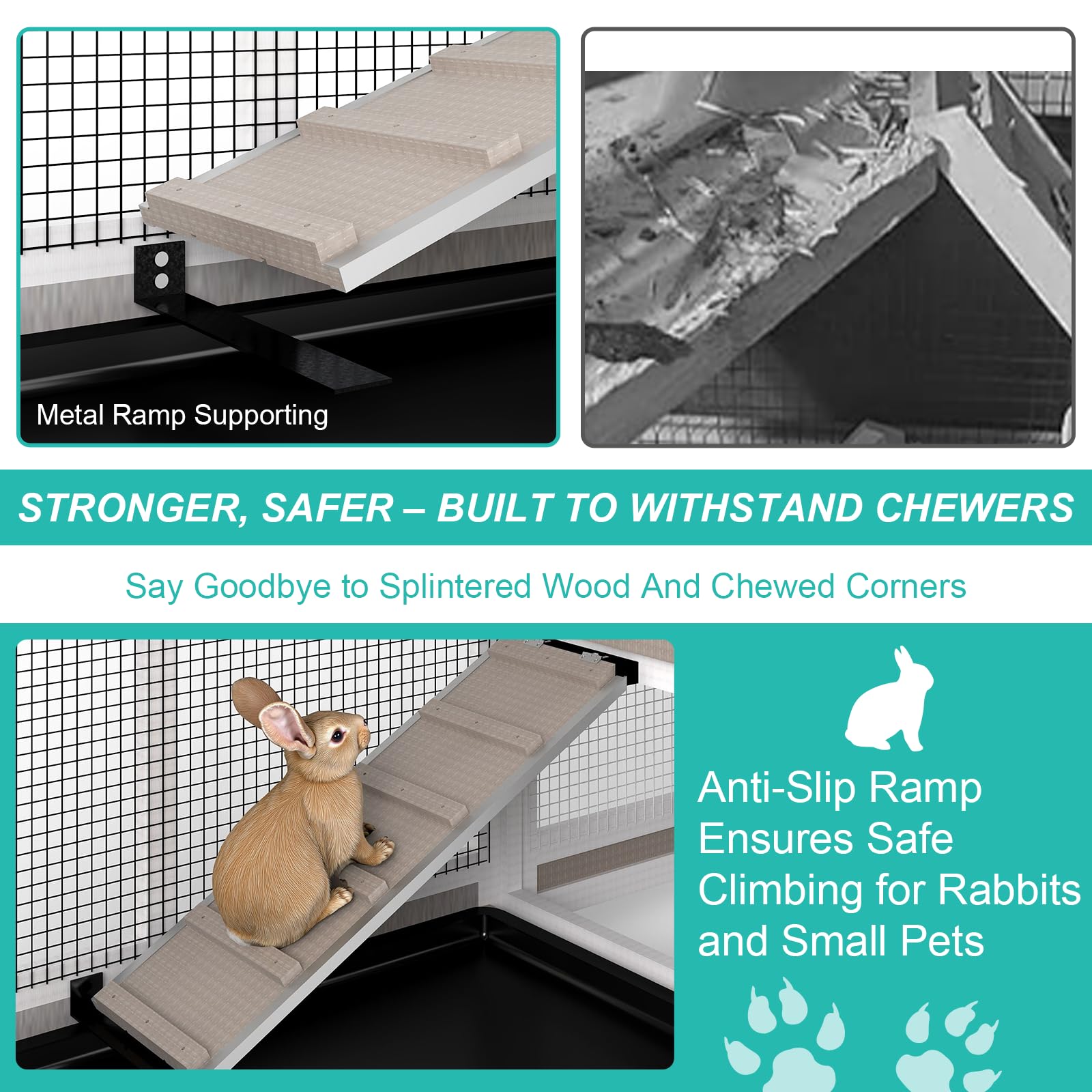 2-Tier Rabbit Hutch with Wheels, Indoor & Outdoor Small Animal Cage with Deep Pull-Out Tray, Anti-Chew Frame, Habitat for Bunny, Guinea Pig, Chinchilla (93" L x 19" W x 35" H)