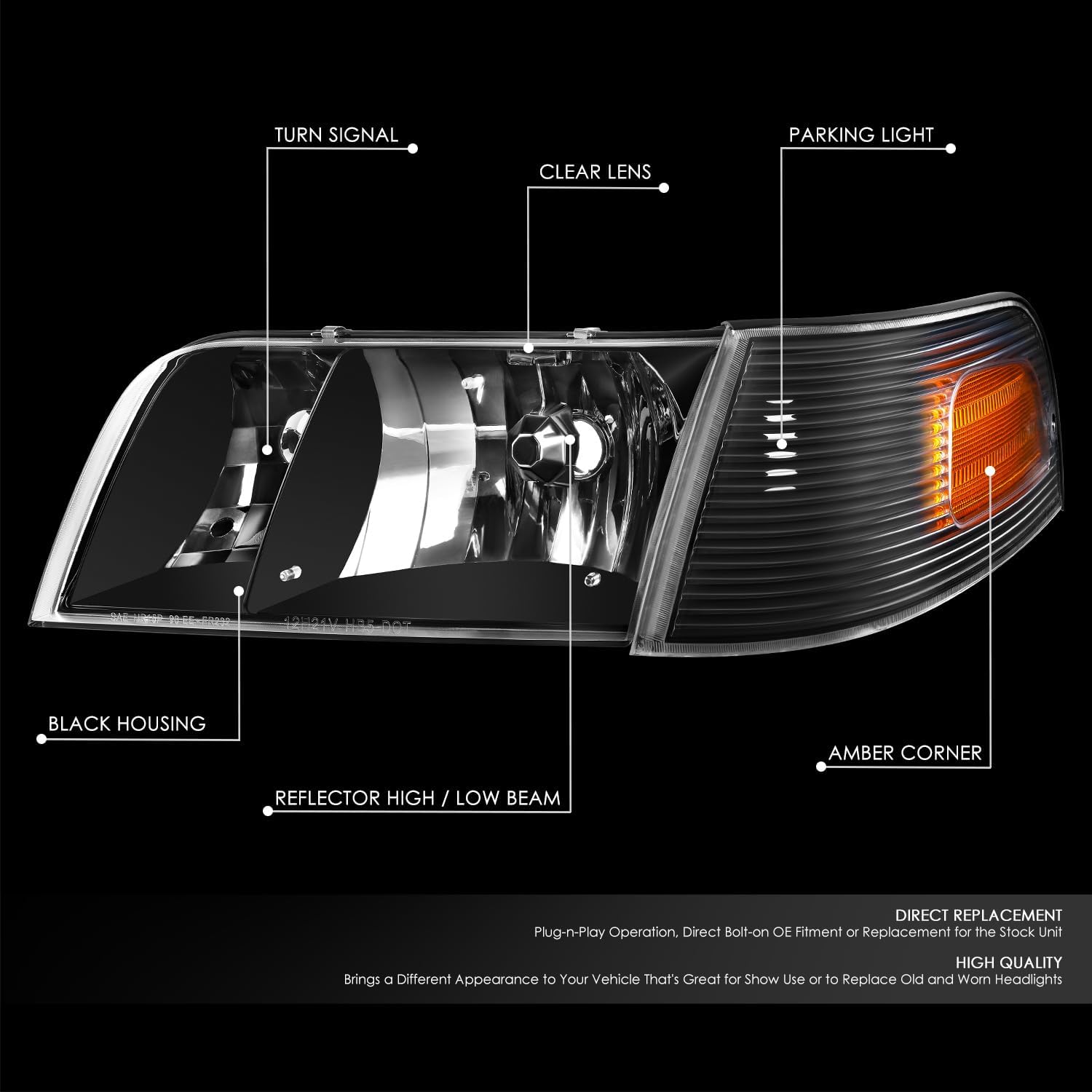 DNA MOTORING Pair of OE Style Headlights Compatible with 98-11 Ford Crown Victoria, Black/Amber,HL-OH-FCV98-BK-AM