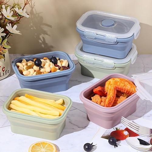 Miniatura 5 de Mifoci 6 recipientes de silicona para alimentos plegables con tapas herméticas, apilables, almacenamiento de alimentos sobrantes, fiambrera plegable