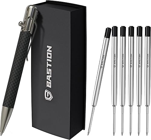 BASTION Bolt Pen | Fibra de carbono y acero inoxidable | Cartucho de tinta extra negra de punta fina (0.020 in) para mujeres y hombres, bolígrafo de