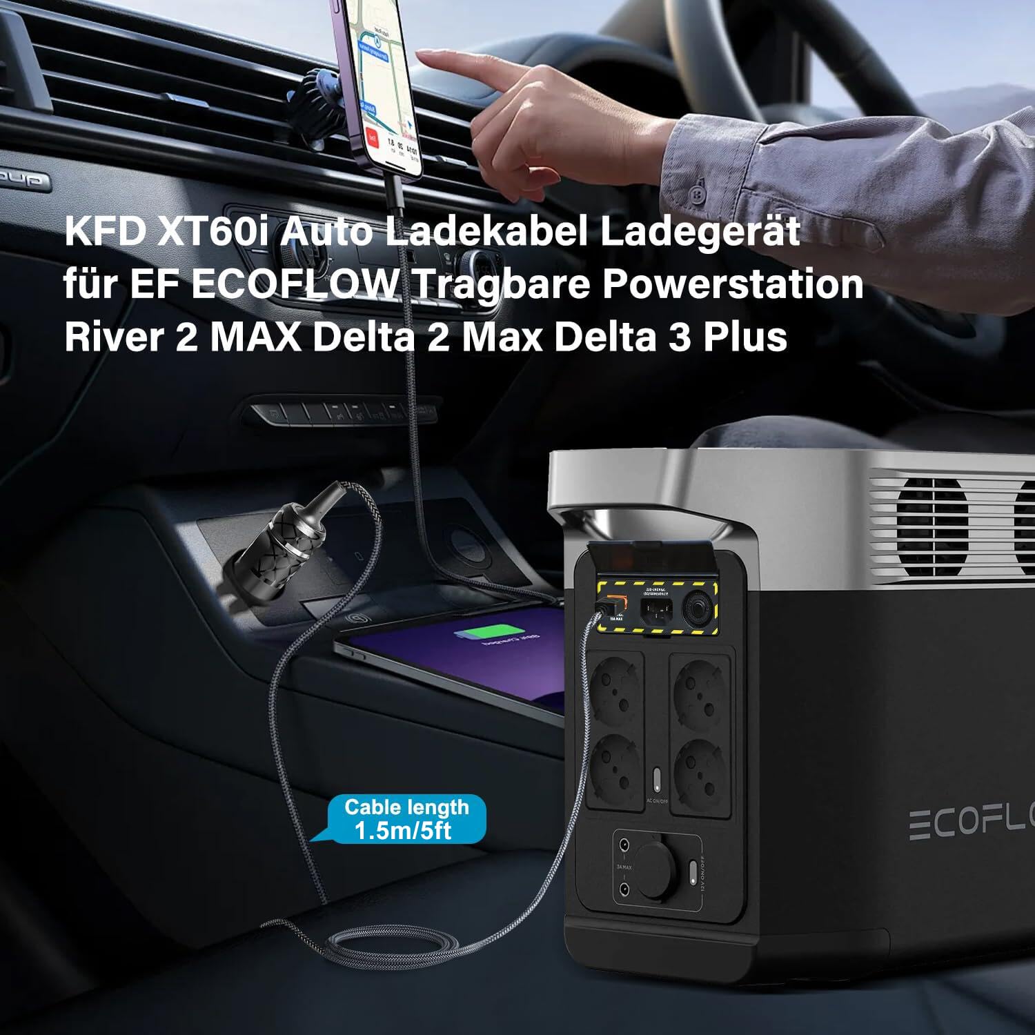 KFD Cavo XT60i Auto Caricatore per EF ECOFLOW DELTA 2 Max Portatile Power Station DELTA 3 Plus RIVER 2 MAX Anker SOLIX C300 1000 DJI Power 1000 16AWG DC 12V/24V Alimentatore da auto 1,5M