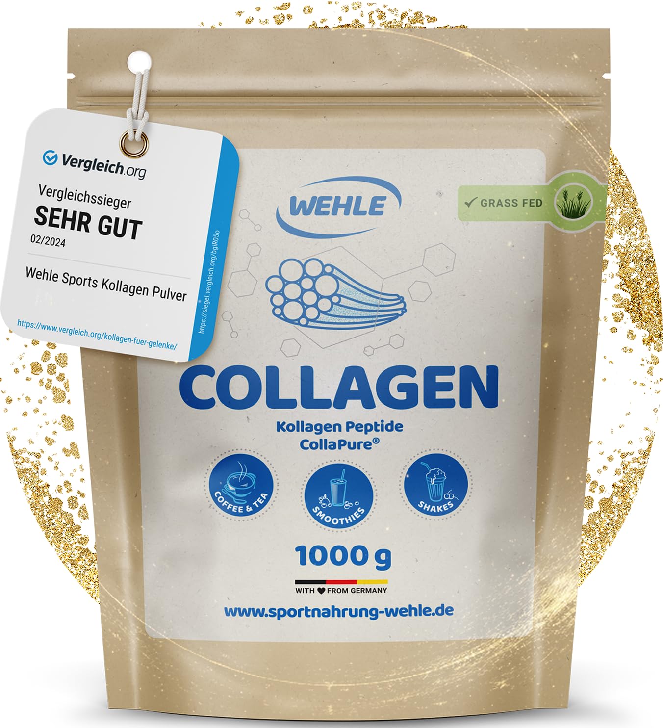 Collagen Pulver 1 kg – Kollagenhydrolysat Peptide Typ I, II & III – Geschmacksneutrales Eiweißpulver – Made in Germany – Wehle Sports (1000g (1er Pack)) - Verpackung kann variieren.