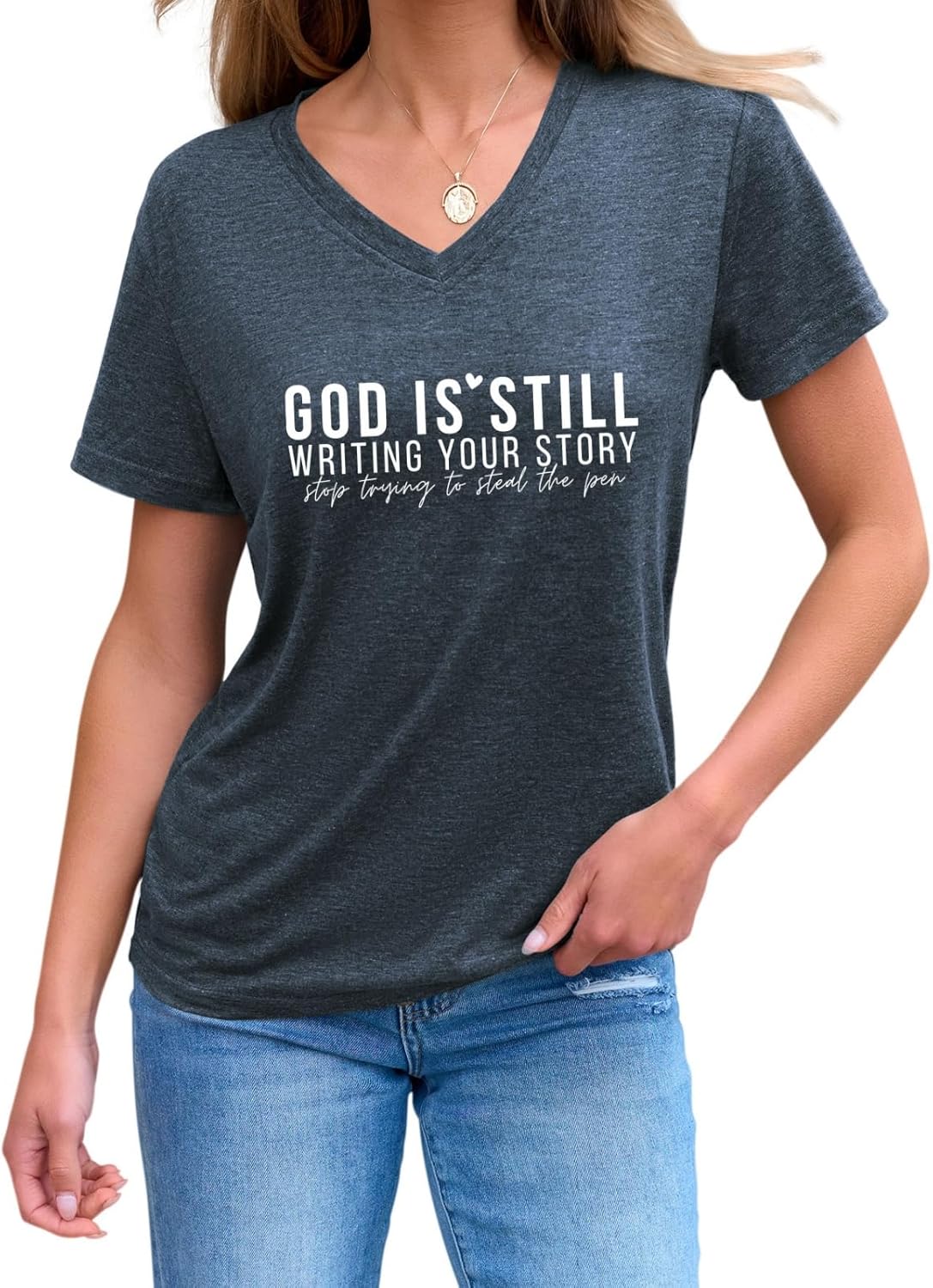 Womens God is Still Writing Your Story Stop Trying to Steal The Pen T-Shirt V Neck Graphic Tees Christian Shirts - Image 2