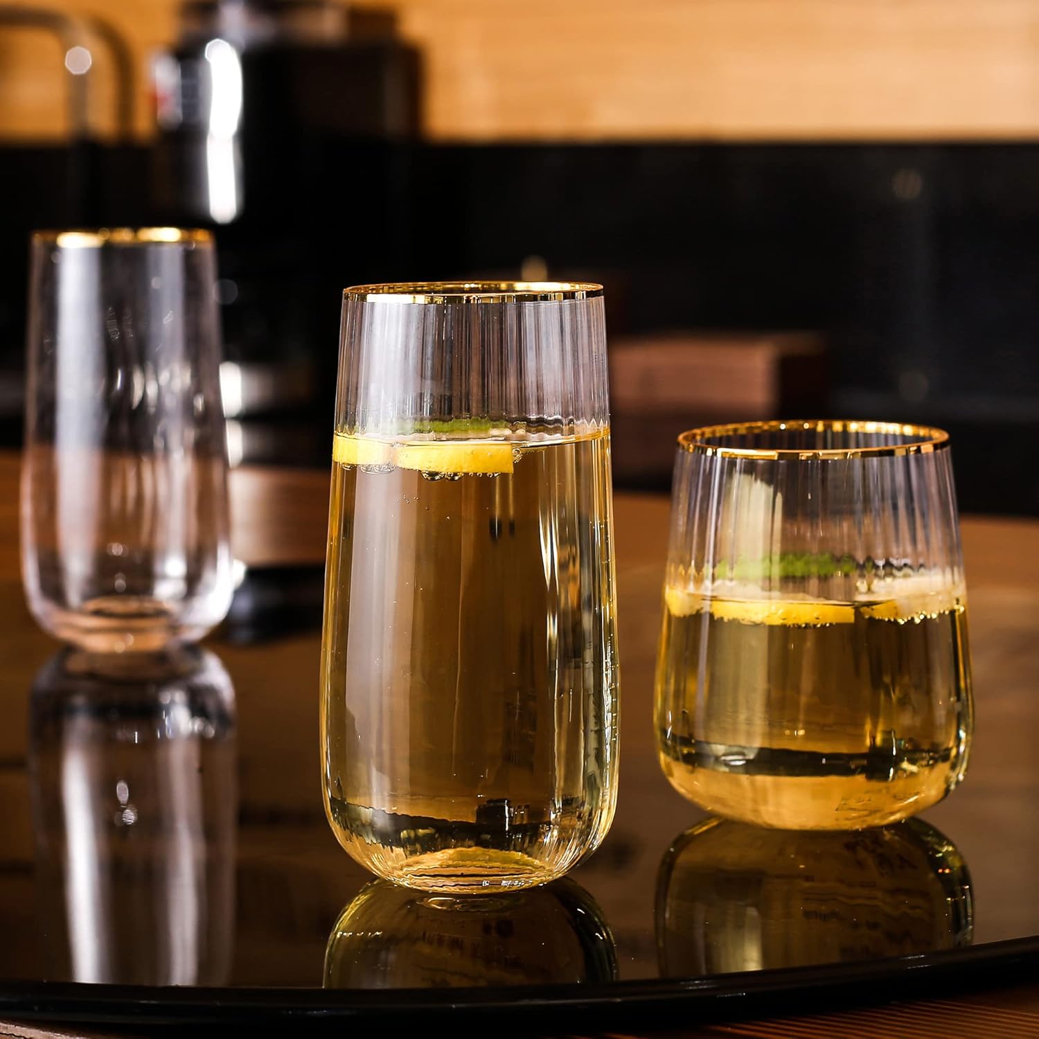 Lysenn Stemless Wine Glasses Set of 4 - Premium Hand Blown Drinking Glasses for Bubbly Wine & Champagne - Elegant Vertical Stripe and Gold Rim Champagne Flutes – Clear 17oz - Image 6