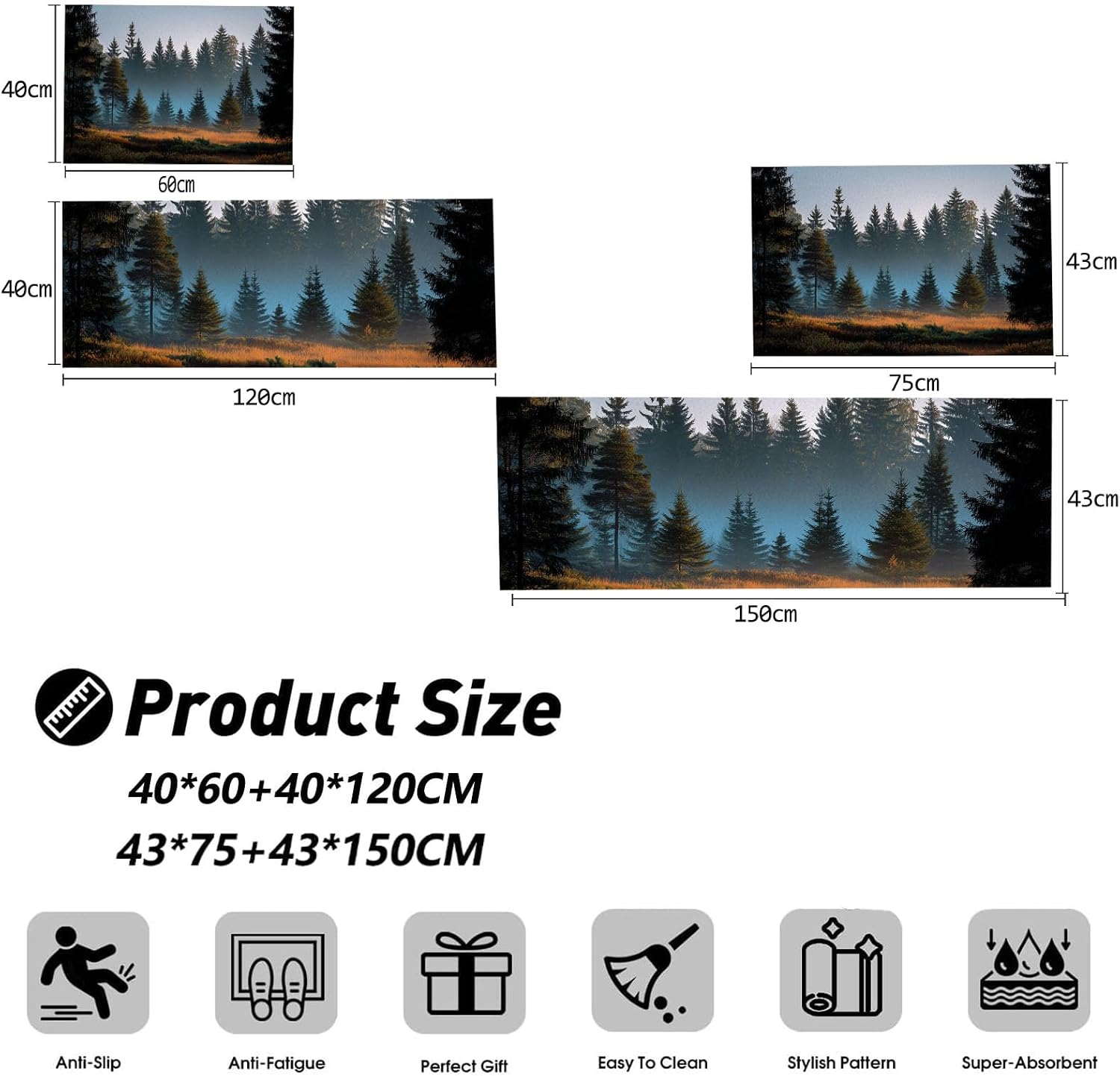 Misty Pine Forest Kitchen Rugs Sets Non Slip Washable Kitchen Mats Anti Fatigue Comfort Nordic Style Floor Mats for Laundry, Hallways, Sink 20"x59"+20"x32" Dark Green