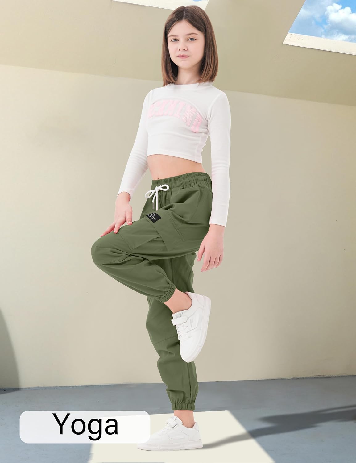 Girls Cargo Pants Elastic Waist Cargo Jogger Pants with Pockets