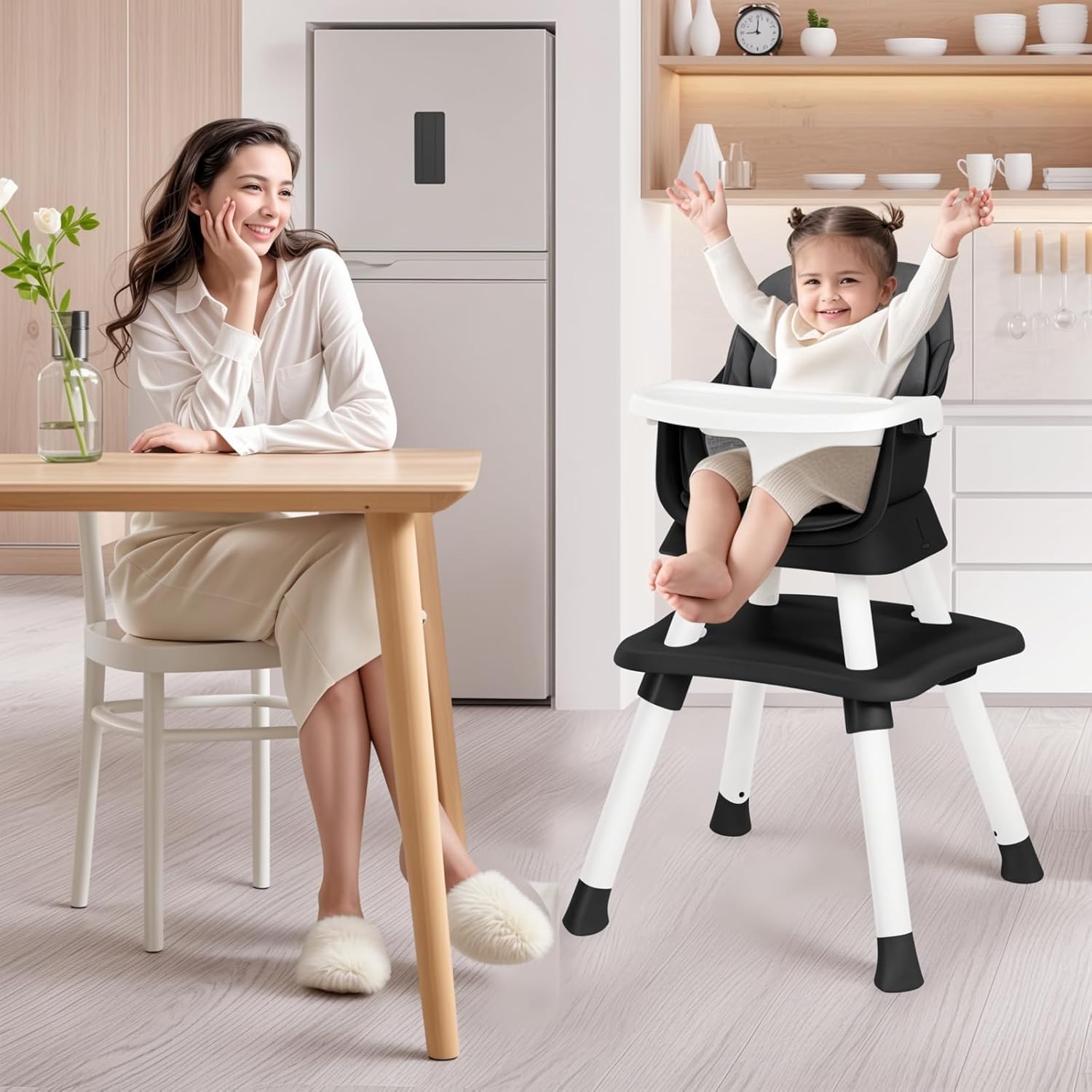 Kinder King 8 in 1 Baby High Chair, Coverts to Dining Booster Seat/Kids Table & Chair Set/Toddler Building Block Table/Kids Stool, Removable Tray & Double Seat Cover, Easy to Wipe, Grey & Black