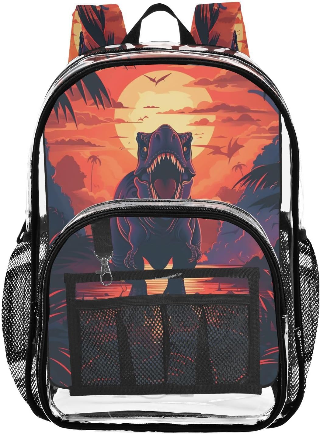 Sunset Palm Leaf Dinosaur Clear Backpack Heavy Duty See Through Transparent PVC BookBag for Kids Boy Girl Adult School Work