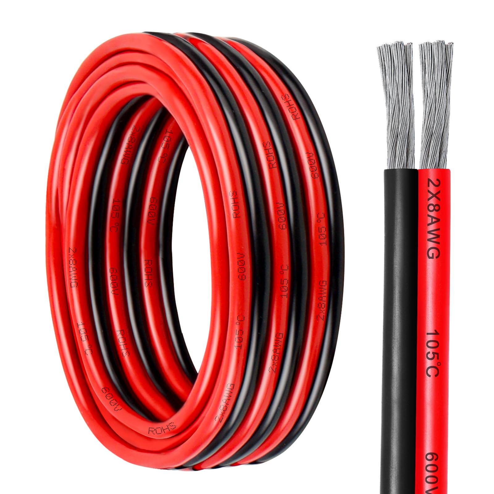 8 Gauge Wire 2 Conductor Tinned Copper Cable, Flexible 8 AWG Marine Wire for Solar Panel, LED Strip, Boat, Automotive, Trailer and Speaker (8 Gauge