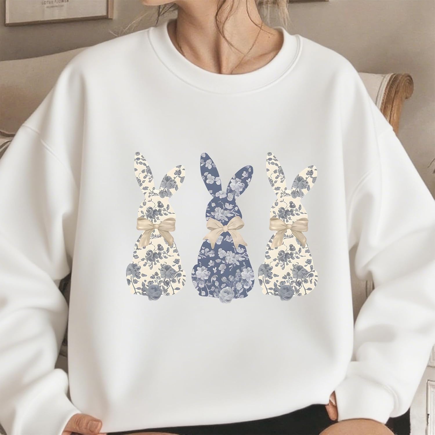 Bunny Easter Sweatshirt Florals Bunny Sweatshirt Cute Easter Bow Hoodie For Women - Image 3