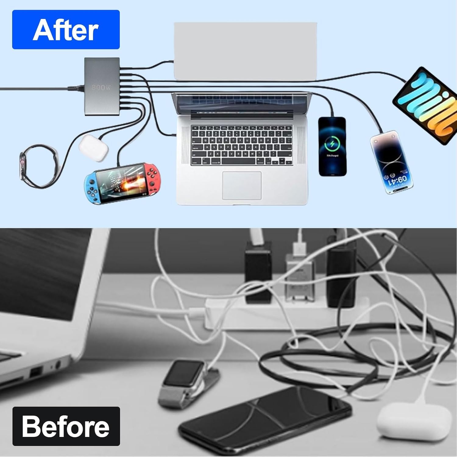 Cargador USB C de 800 W, múltiple, 10 puertos, unidad de carga USB, múltiple, 8 x USB-C y 2 puertos USB-A, cargador rápido, estación de carga, cargador compacto para múltiples dispositivos, compatible