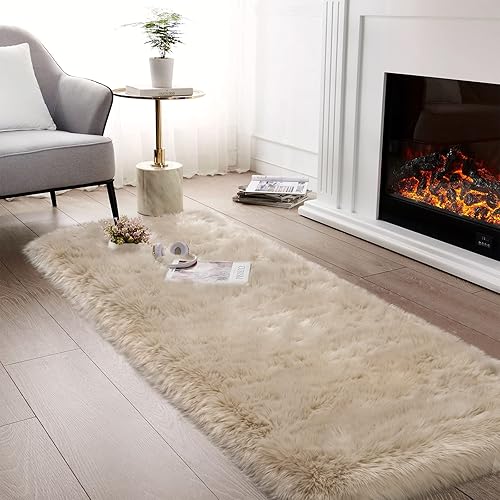 Miniatura 9 de Alfombra beige esponjosa para dormitorio, alfombra de piel sintética de 2 x 6 pies para pasillo, alfombra de pelo suave para sofá, alfombra
