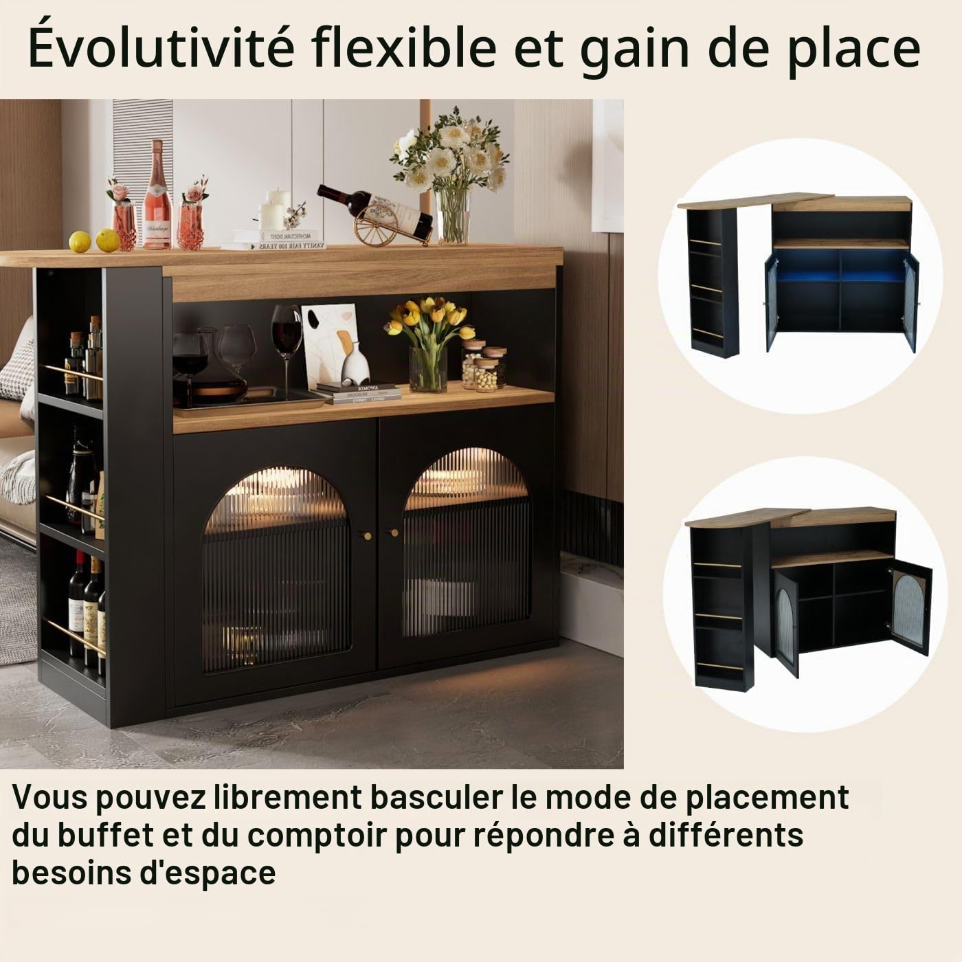 Sweiko Bar télescopique Table Moderne, Table de Salle à Manger télescopique avec Espace de Rangement, pivotante,Meuble de Rangement pour la Salle à Manger (Black)