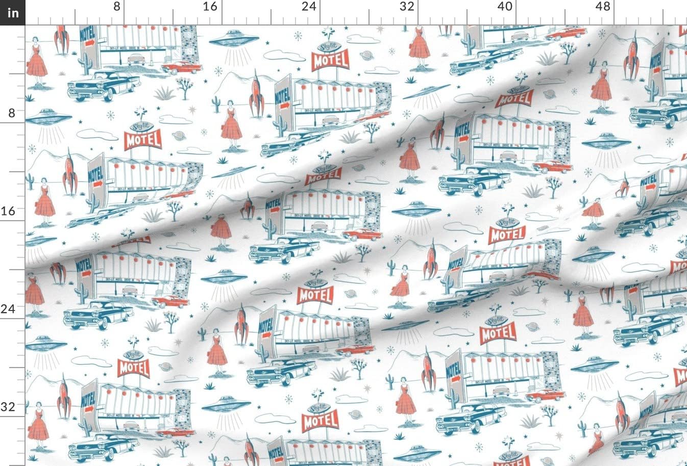 Spoonflower Fabric - Retro Car Mid-Century Alien Toile UFO Sci Fi Atomic Desert Spaceship Printed on Upholstery Velvet Fabric Fat Quarter - Upholstery Home Decor Bottomweight Apparel