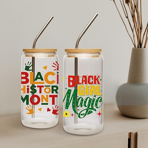 Miniatura 3 de Transferencia de envolturas de tazas UV DTF  8 hojas de calcomanías DTF UV del mes de la historia negra para vidrio de 16 onzas, afirmación de niña