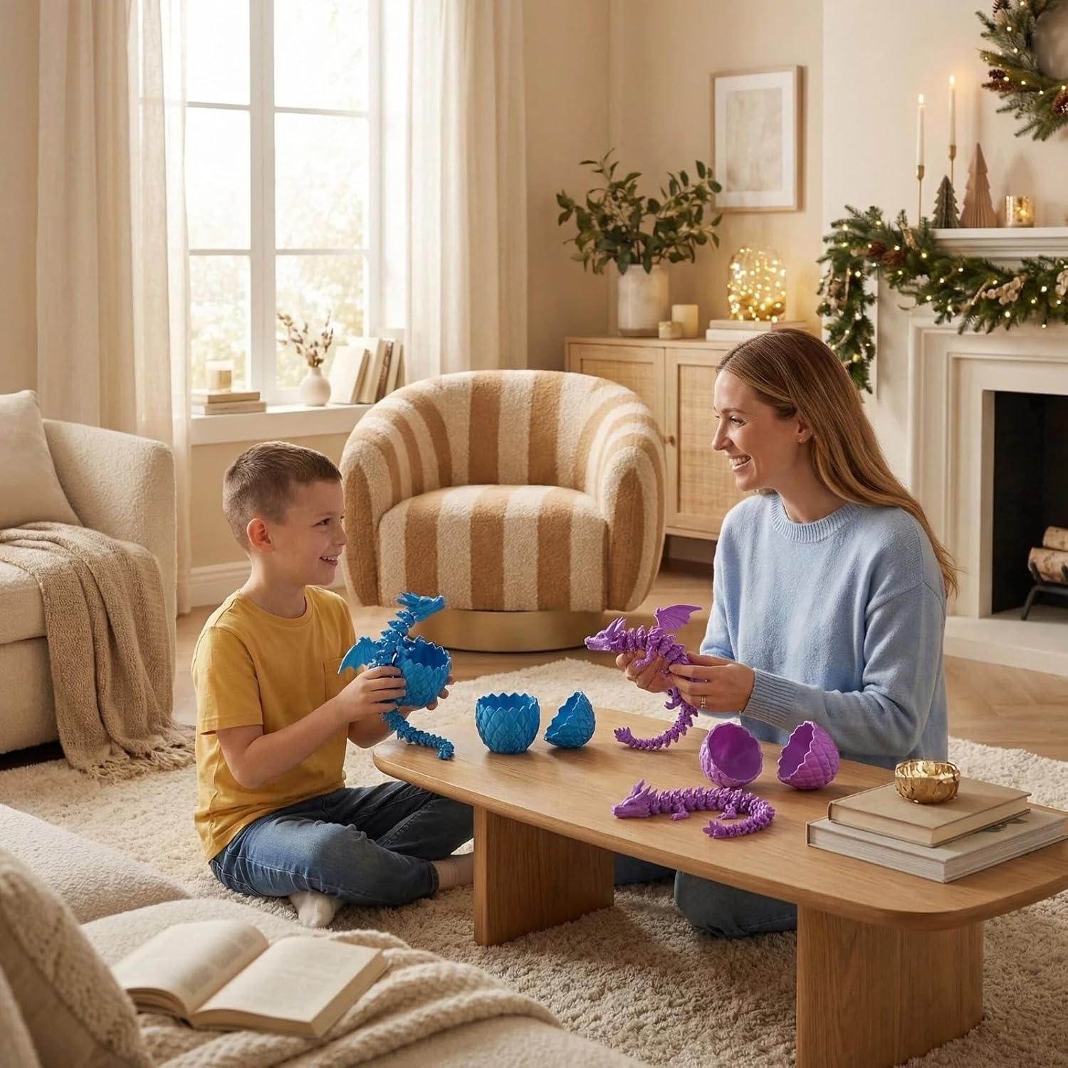 3D Printed Dragon Egg with 12 Inch Articulated Dragon Toy, Easter Basket Stuffers for Kids Boys Teens, Cool 3D Printed Animal Gift for Ages 4-12 (Silk Red)