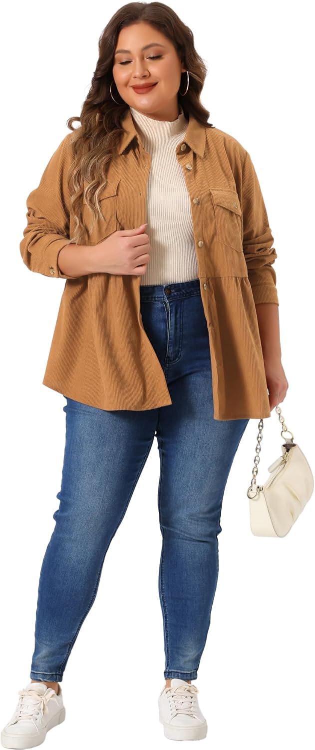 Agnes Orinda Plus Size Corduroy Shirts for Women Peplum Cute Long Sleeve Button Down Blouses with Pockets Tops - Image 3