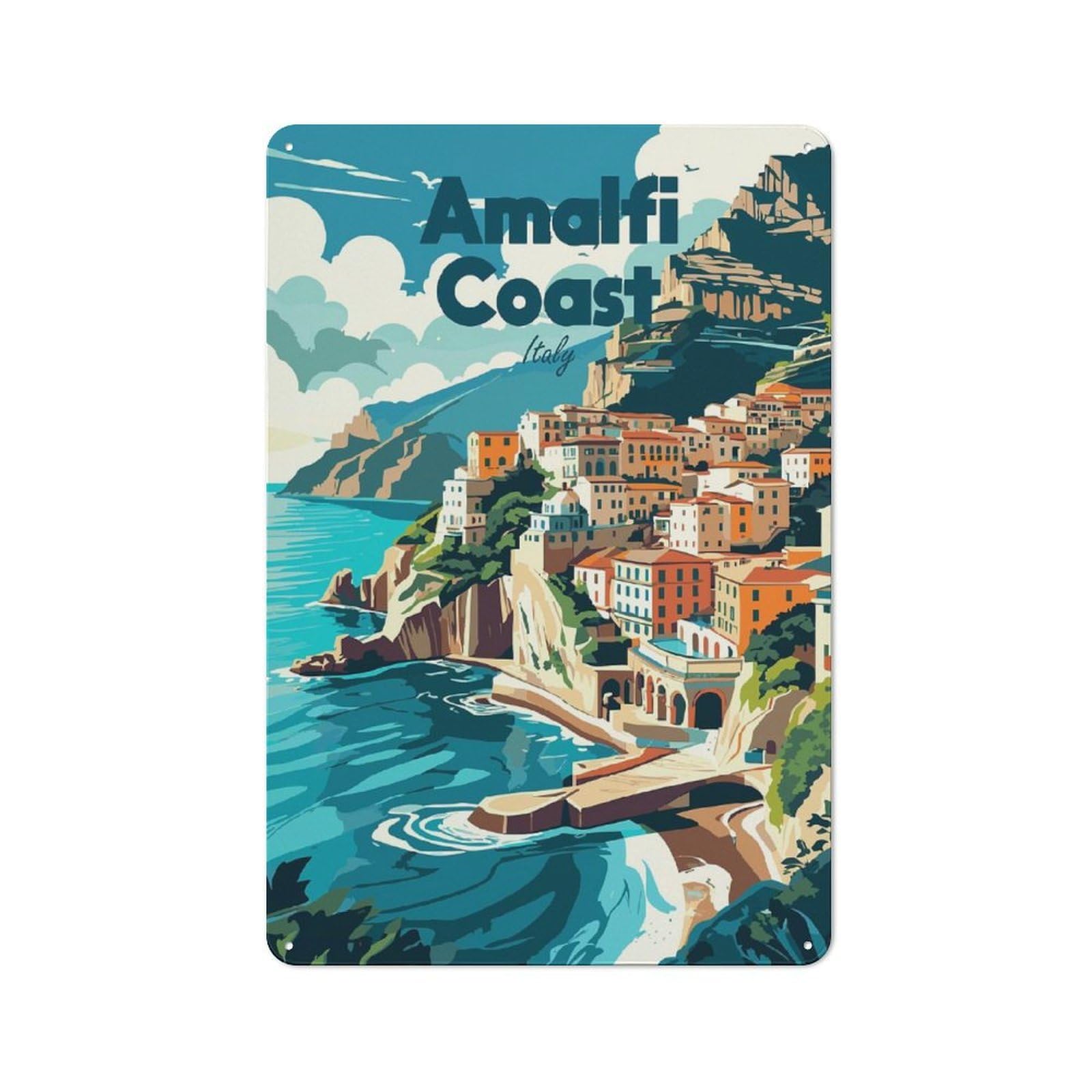 Junmoney Style-16 Amalfi Coast Italy Travel Creative Metal Wall Decor 30X20cm, Decorative Metal Sign For Office, Study, Studio Or Hallway