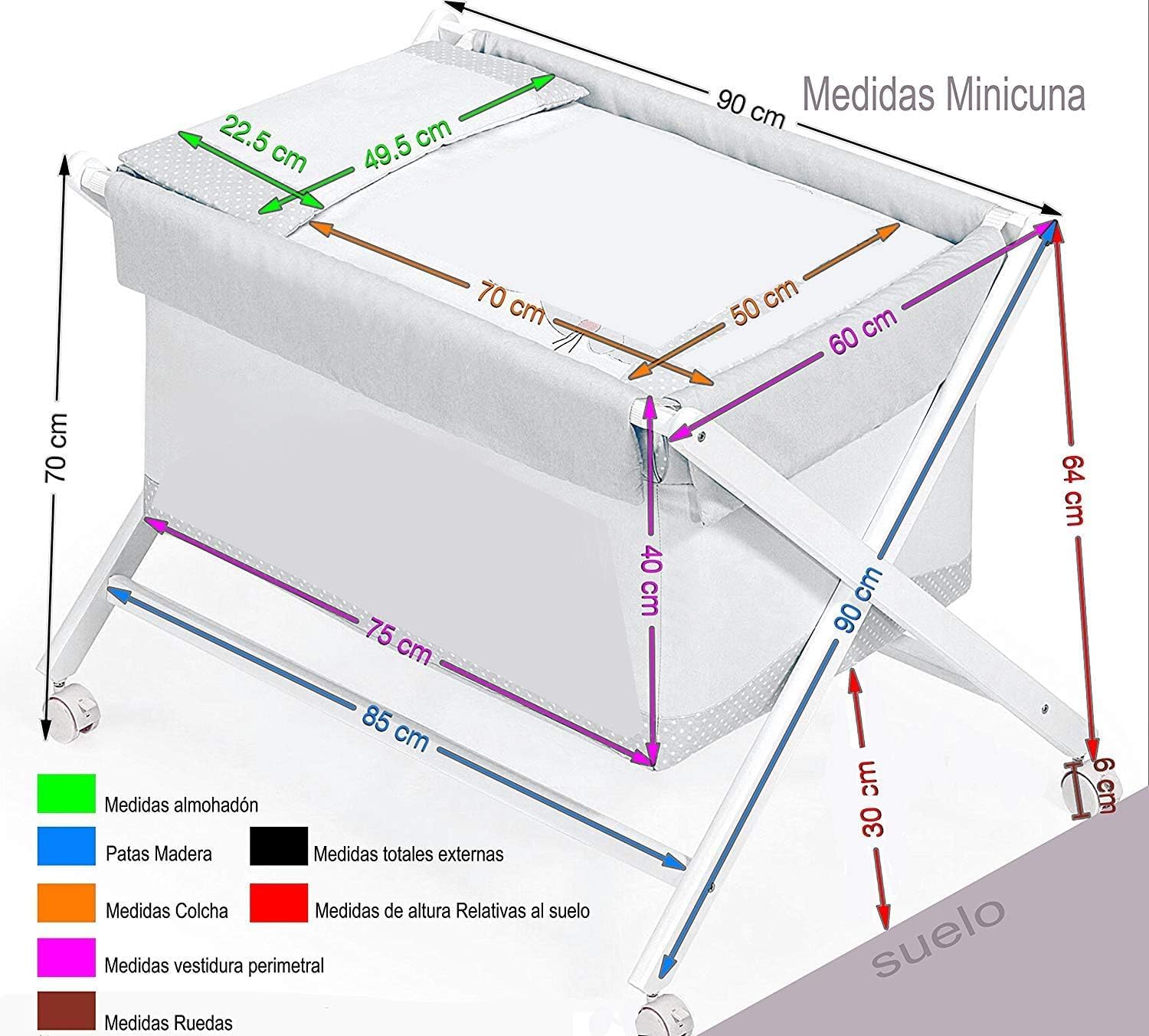 Minicuna Plegable Blanco Gris: Estructura + Vestidura + Colcha Desenfuntable + Colchón + Almohada