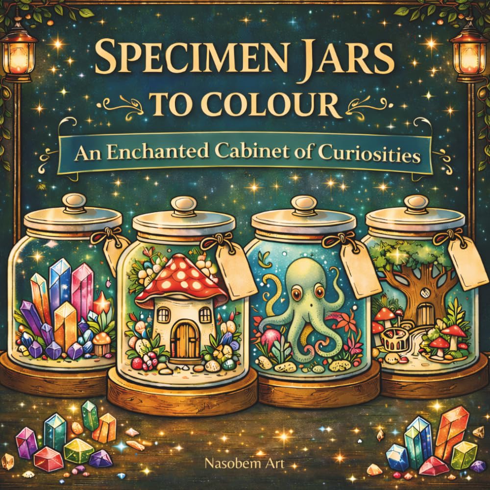 Specimen Jars to Colour (UK Version): An Enchanted Cabinet of Curiosities Colouring Book with Crystals, Witchy Mushroom Cottages, Fossils, Magical Creatures, and Curious Mini Worlds