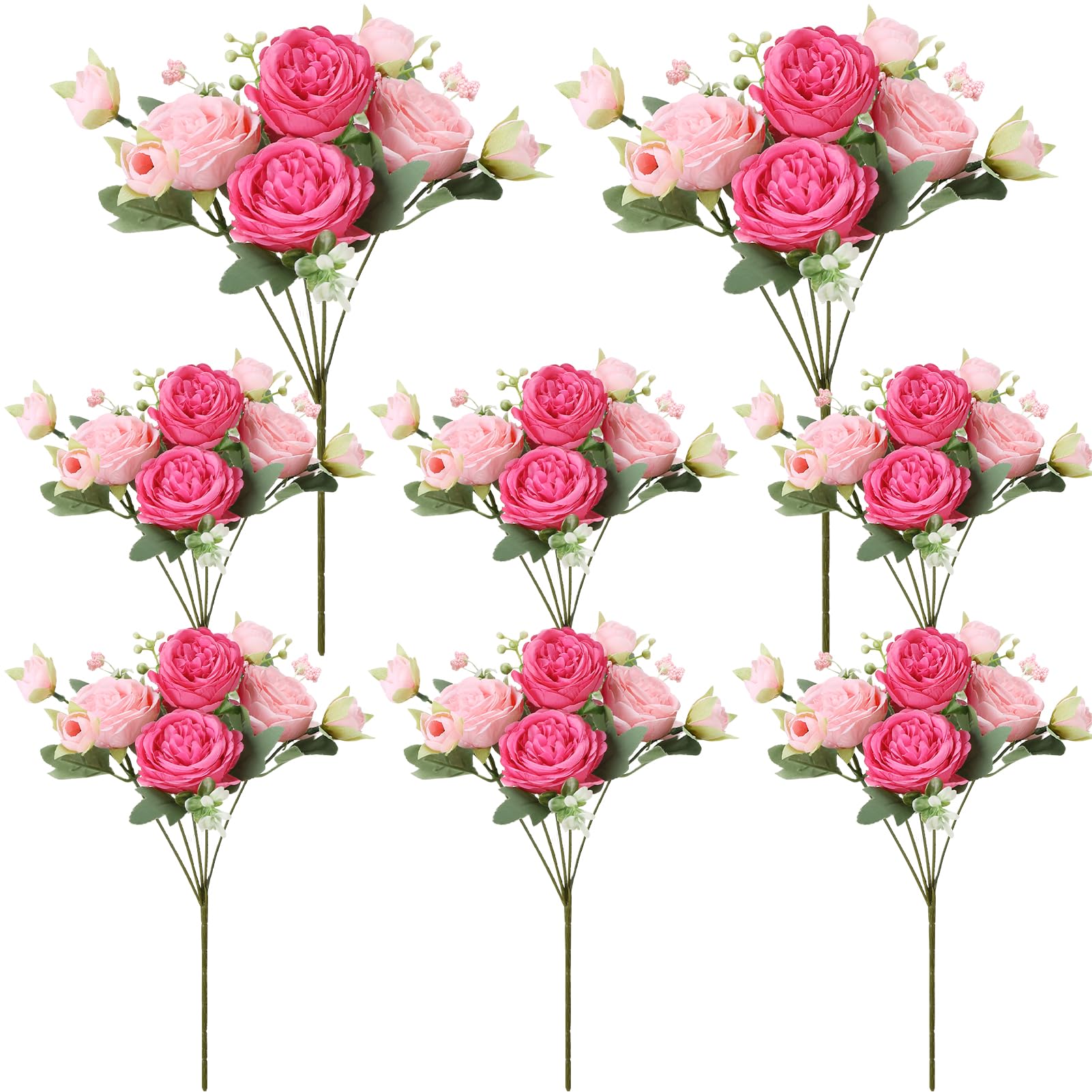 8 Pack Pink, Hot Pink Peonies Artificial Flowers