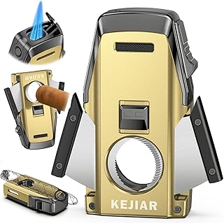 Cigar Lighter, Multi-Purpose Cigar Torch Lighter, Refillable Butane Torch Lighter, Built-in Punch, Fan-Shaped Serrated Double-Blade Cigar Cutter and Stand, Ideal Cigar Accessories for Men Gift
